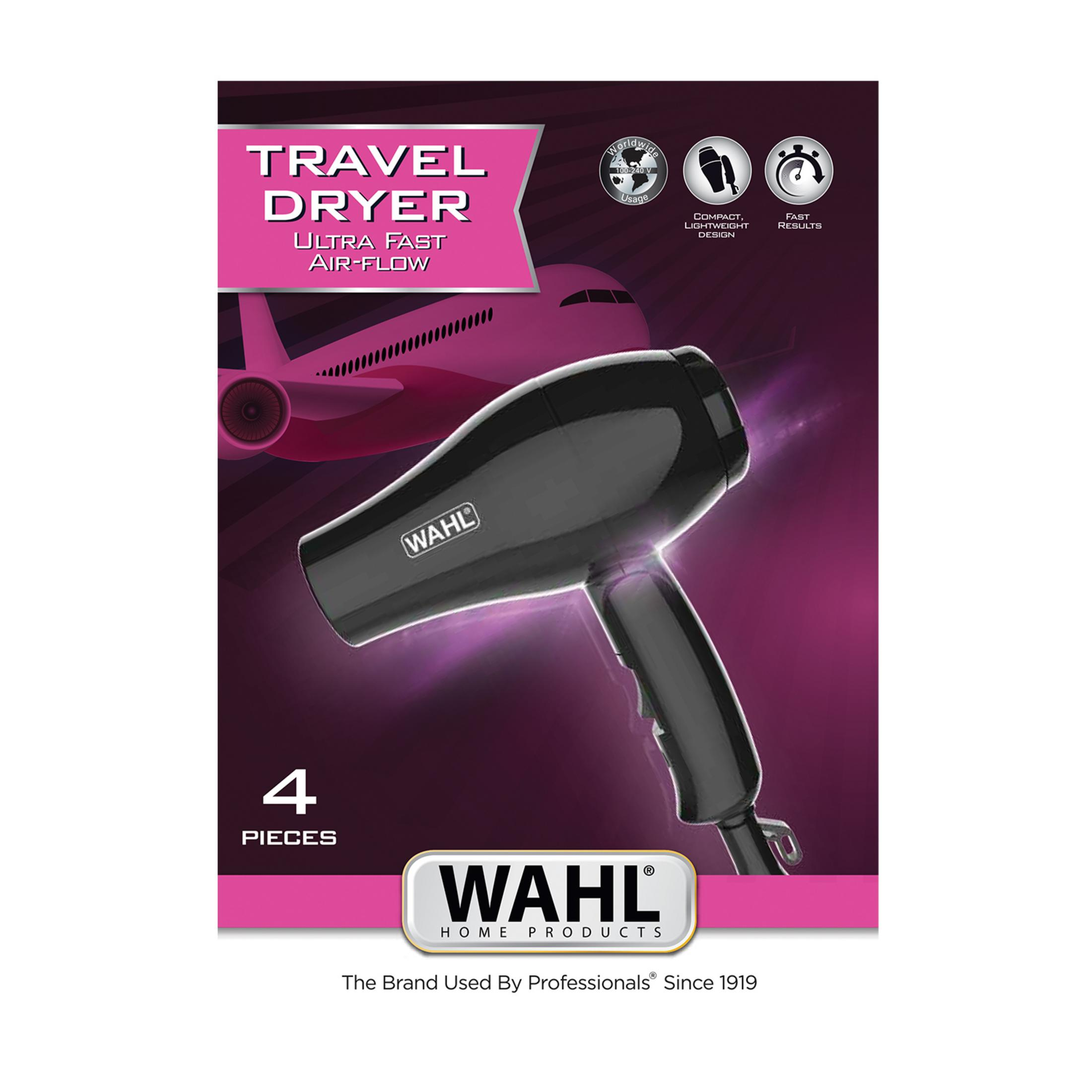 Czarna suszarka podróżna WAHL z różowym tłem samolotu. 4 sztuki.