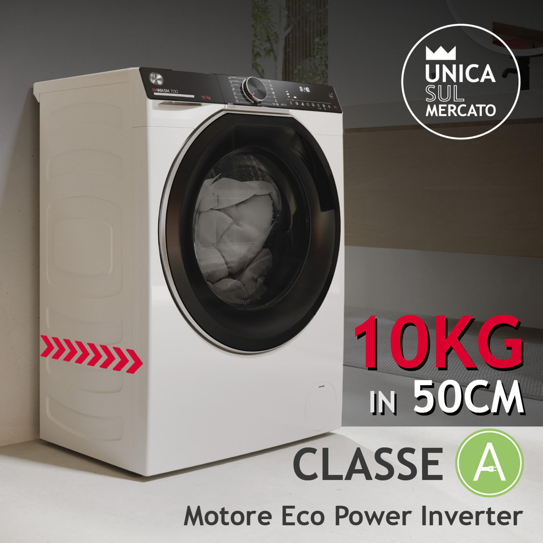 Lavatrice bianca, capacità 10kg, 50cm di larghezza, classe energetica A.