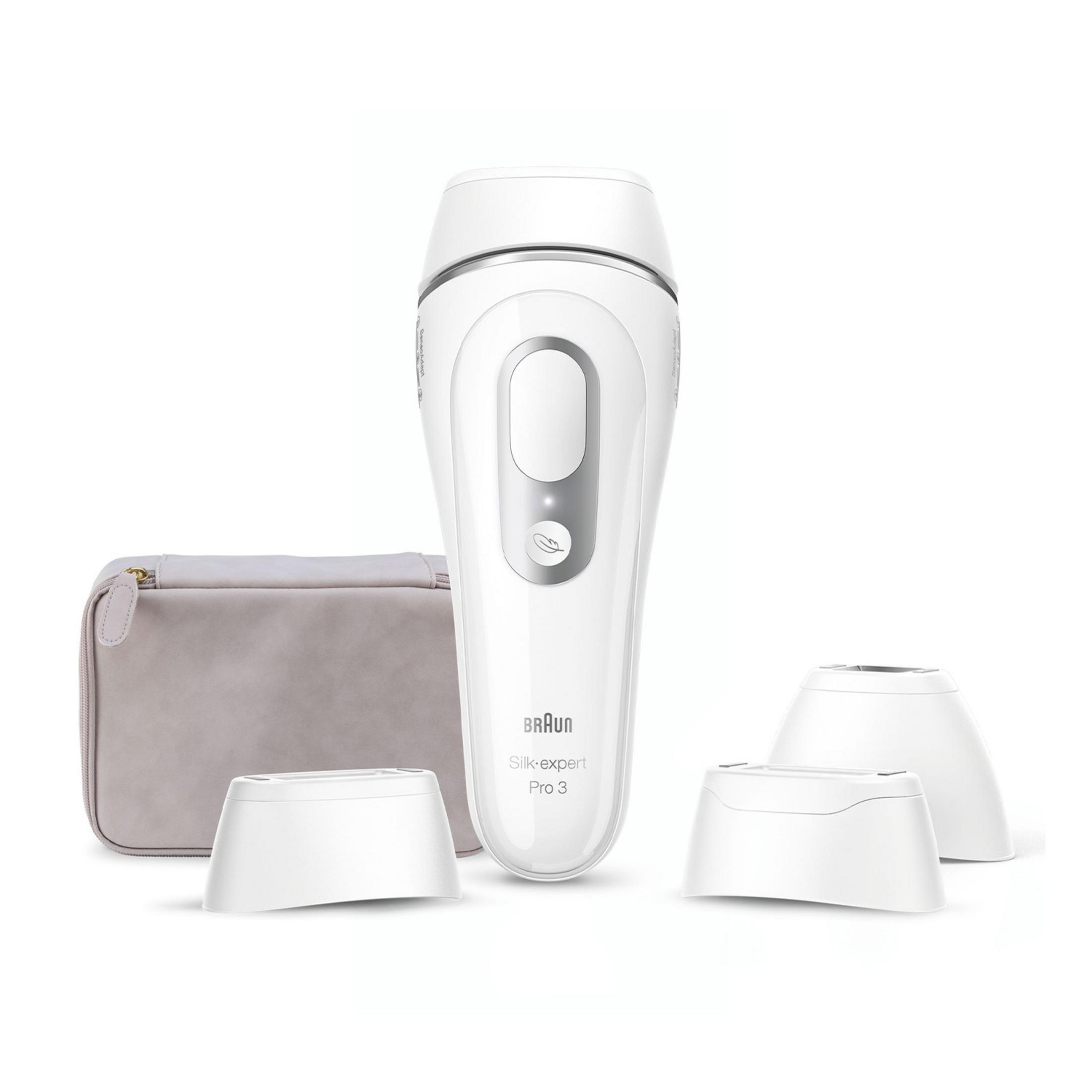 Biały depilator IPL Braun z akcesoriami i etui podróżnym.