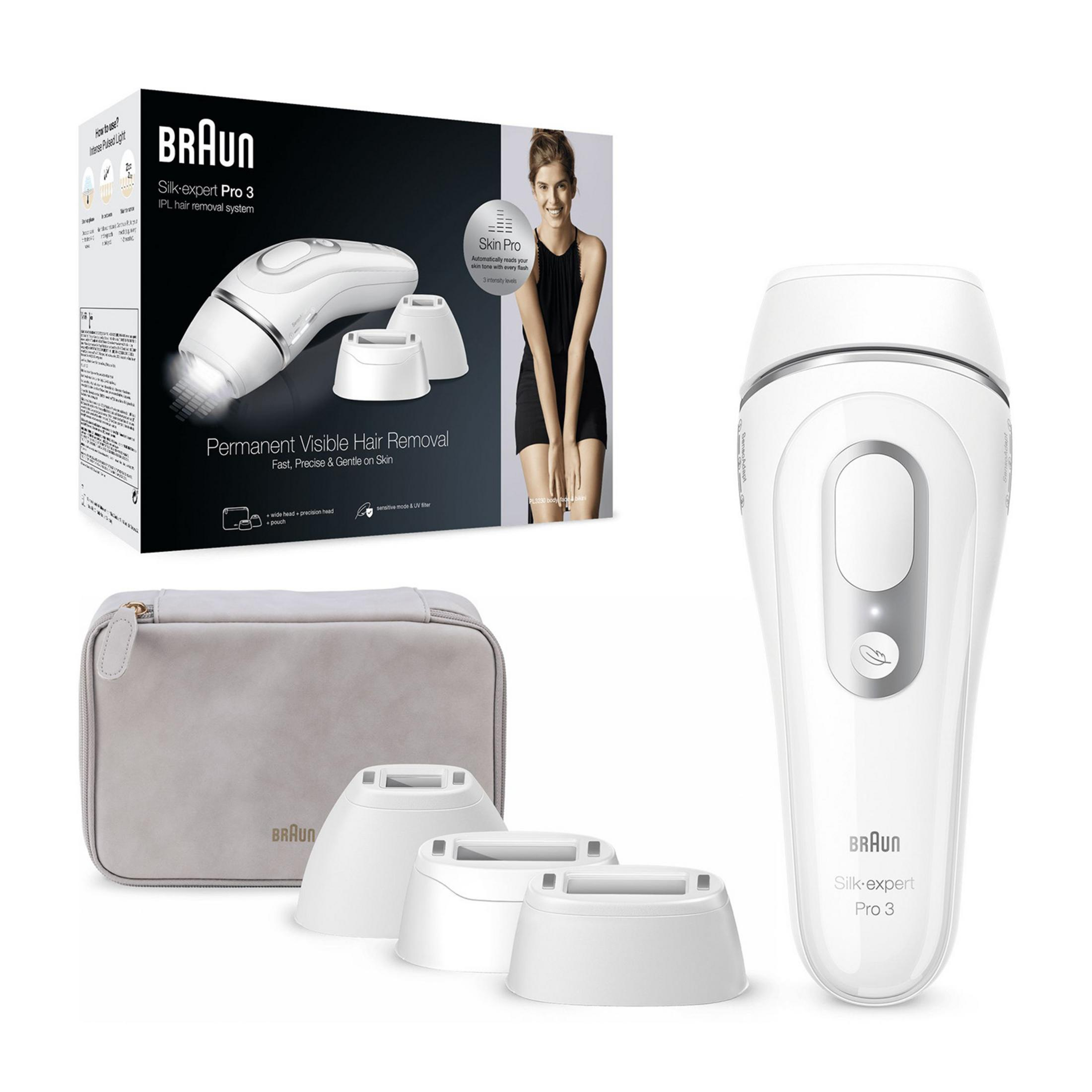 Urządzenie do depilacji Braun Silk-expert Pro 3 IPL z akcesoriami i opakowaniem.