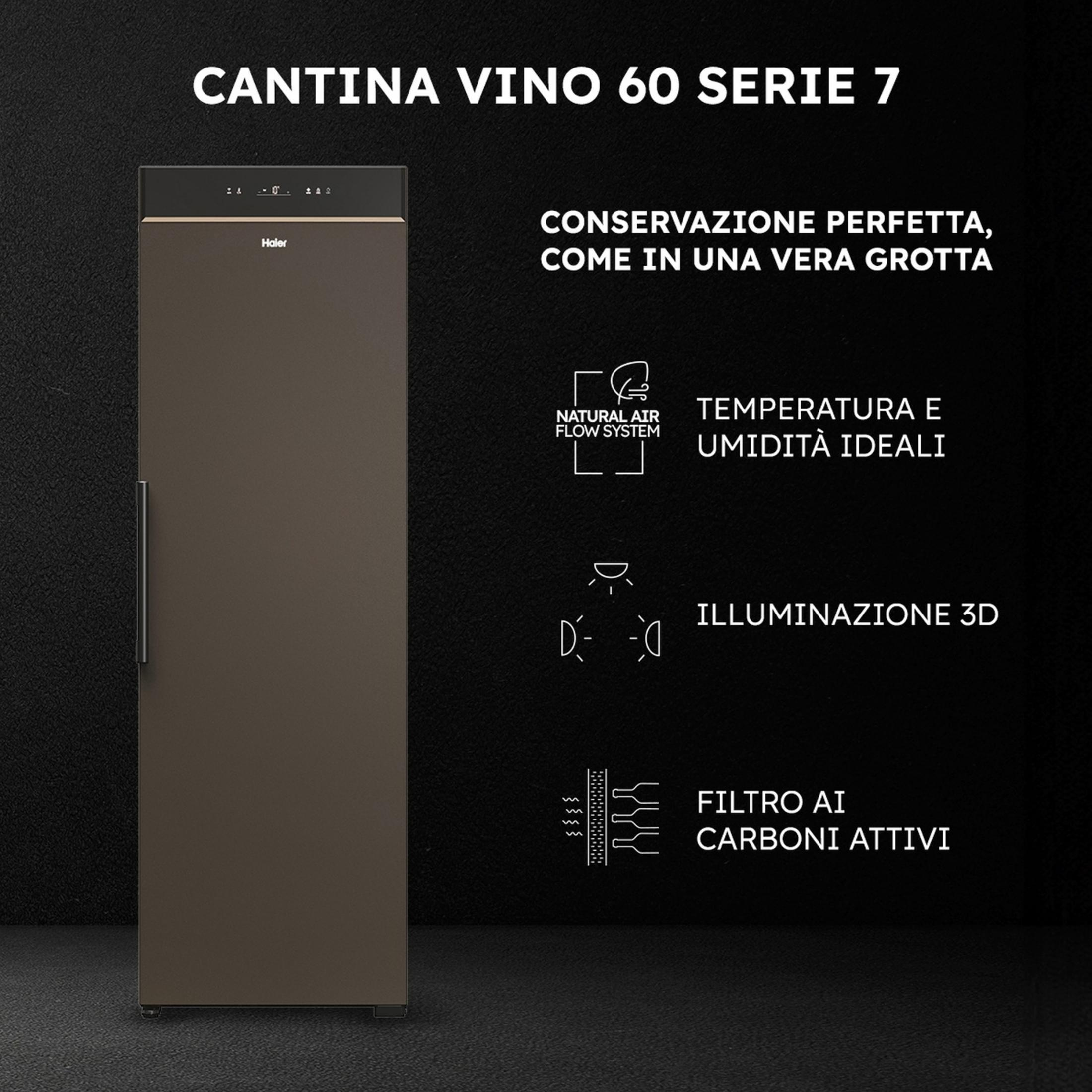 Cantina Haier Serie 7 con temp. ideale, illuminazione 3D e filtro carboni attivi.