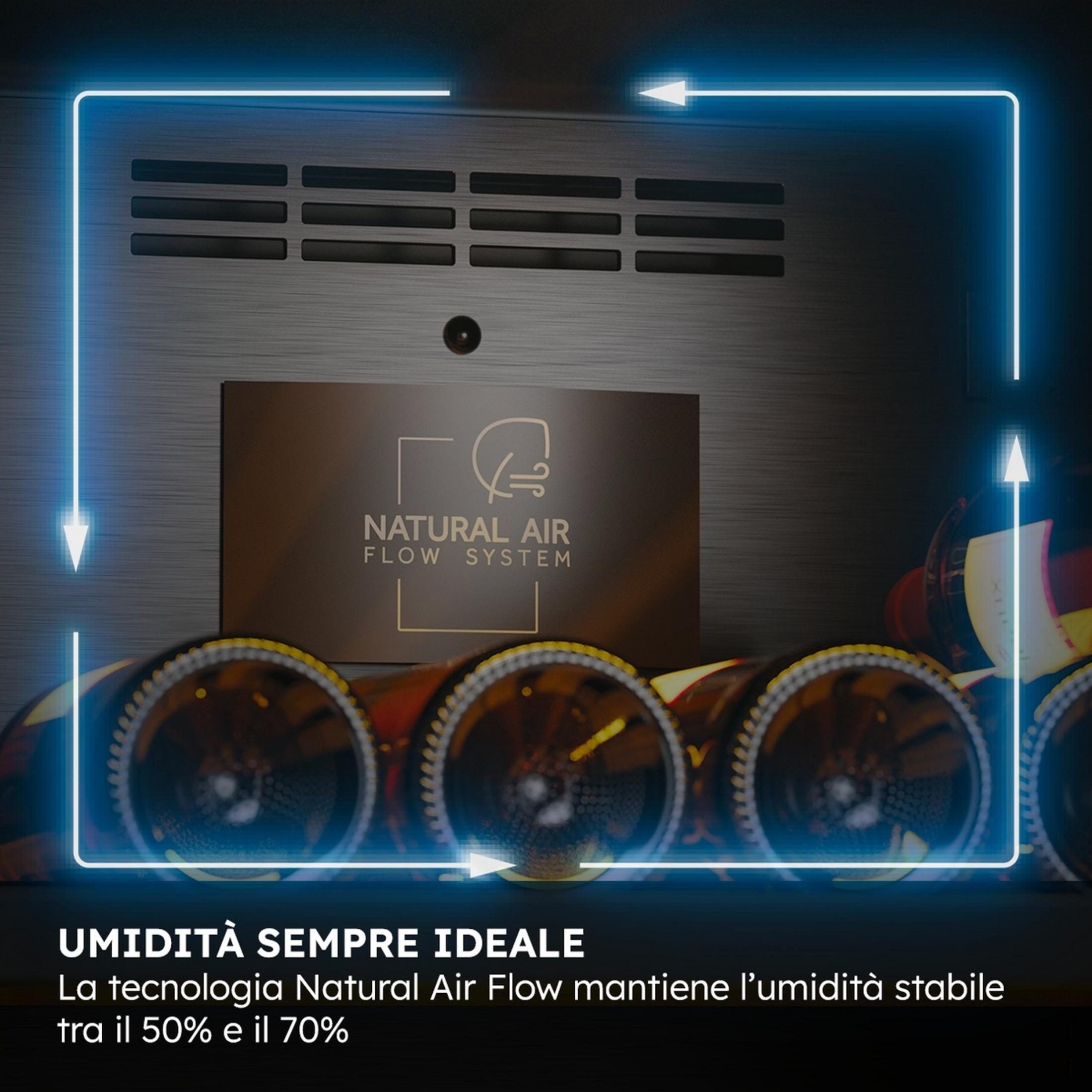 Sistema di raffreddamento "Natural Air Flow" con bottiglie di vino.
