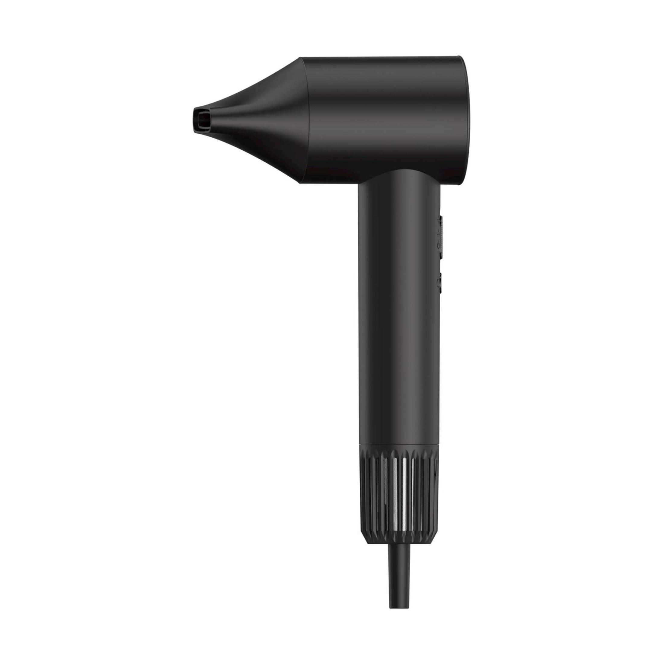 A black hair dryer with a nozzle and ventilation slots.