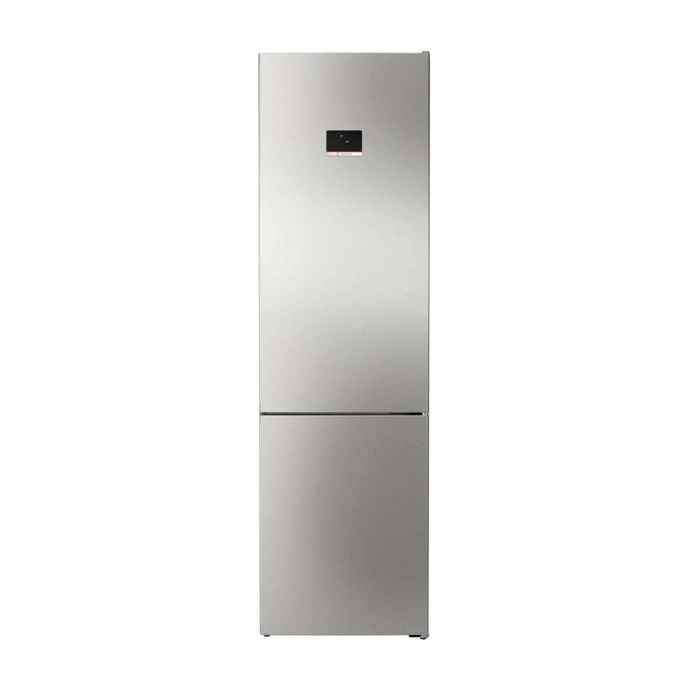 Un refrigerador plateado con compartimento congelador y pantalla digital arriba.