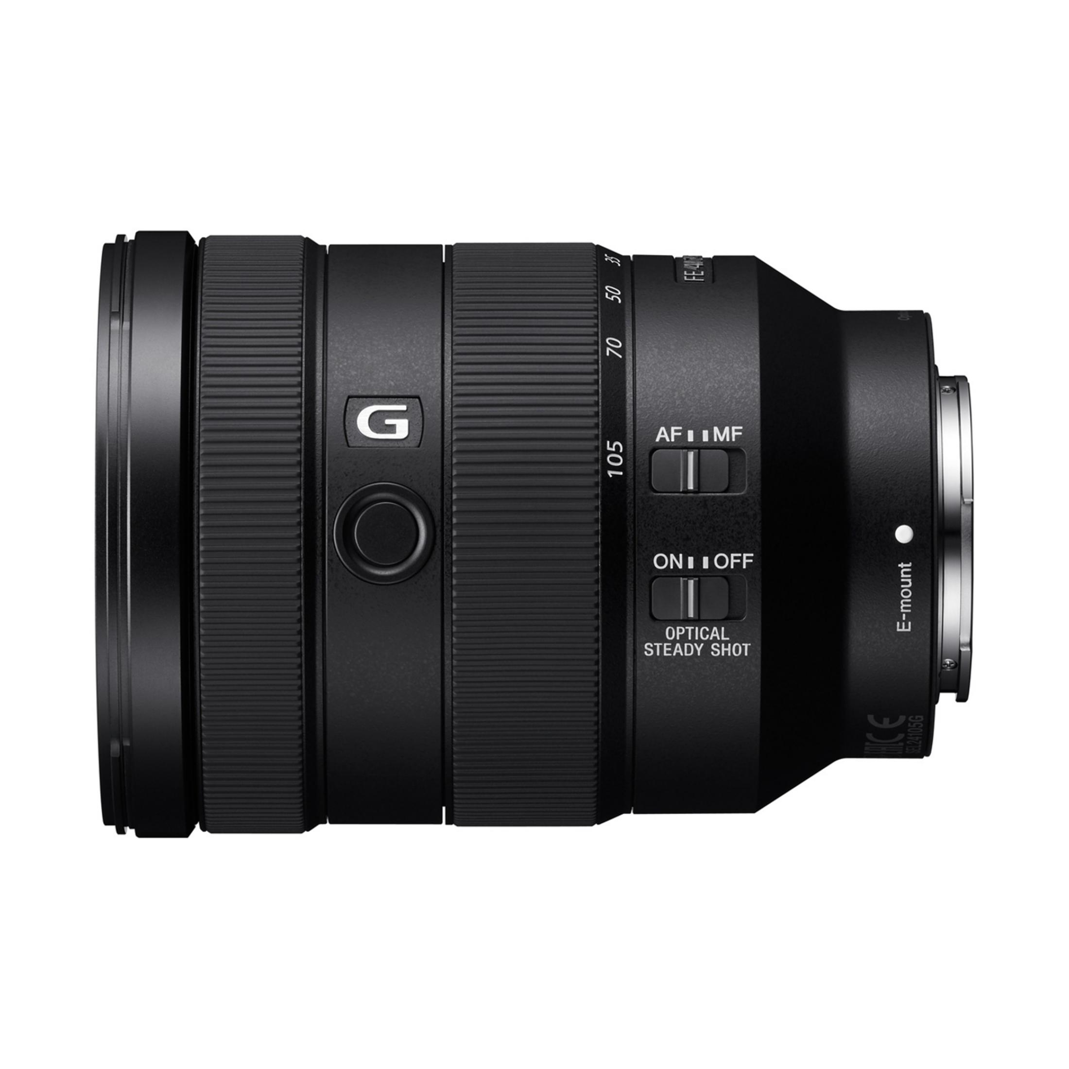 Czarny obiektyw aparatu Sony z mocowaniem E, z pierścieniem zoomu i przyciskami.