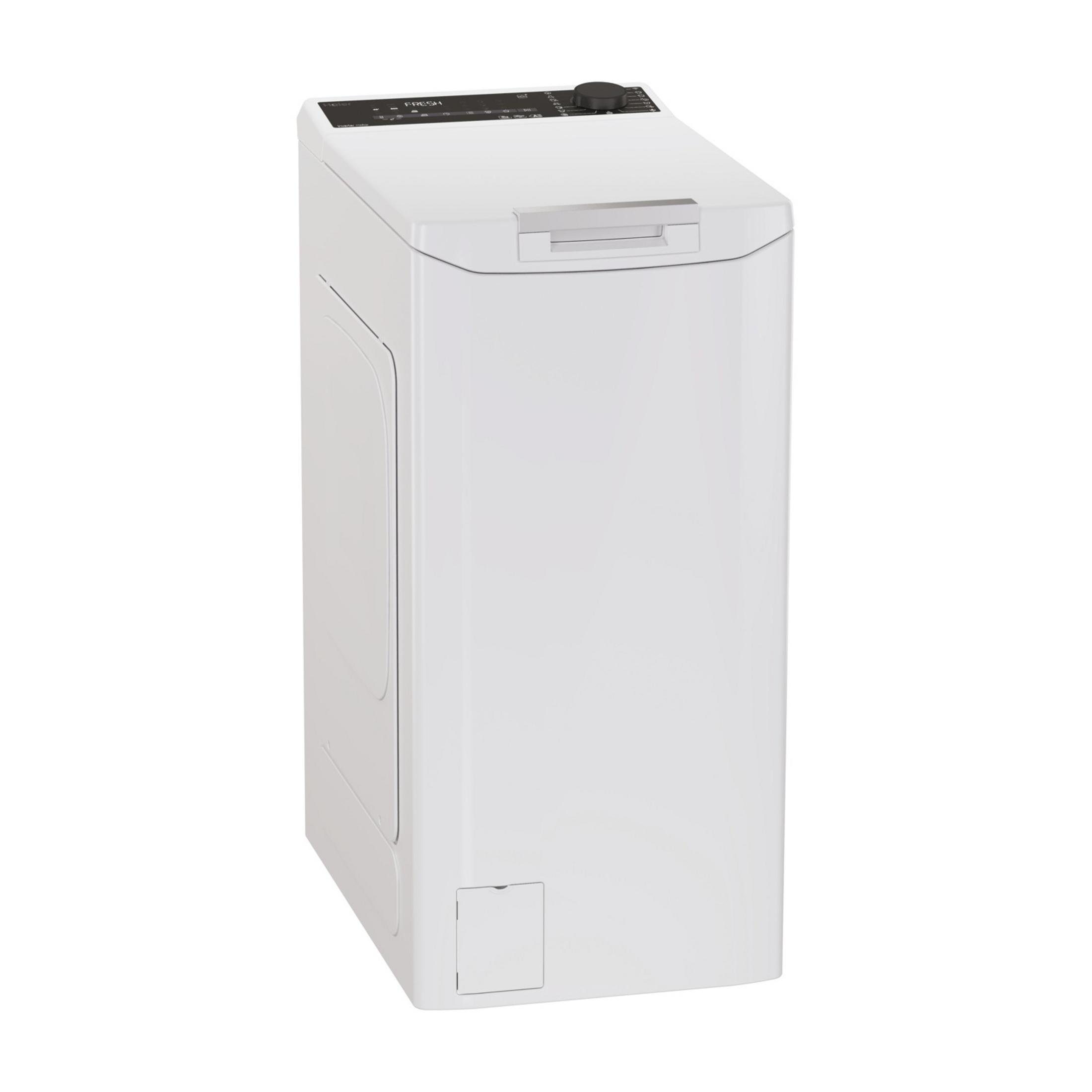 Biała pralka ładowana od góry z cyfrowym panelem sterowania i srebrną listwą uchwytu.