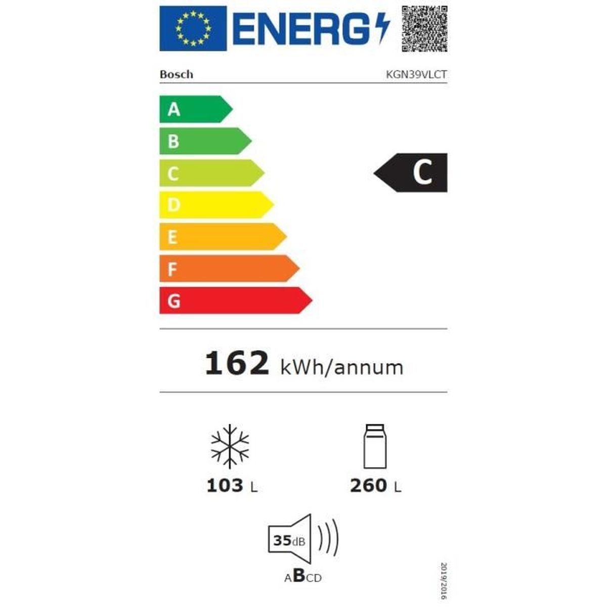 Energieetikett für Bosch KGN39VLCT: Energieeffizienzklasse C, 162 kWh/Jahr.