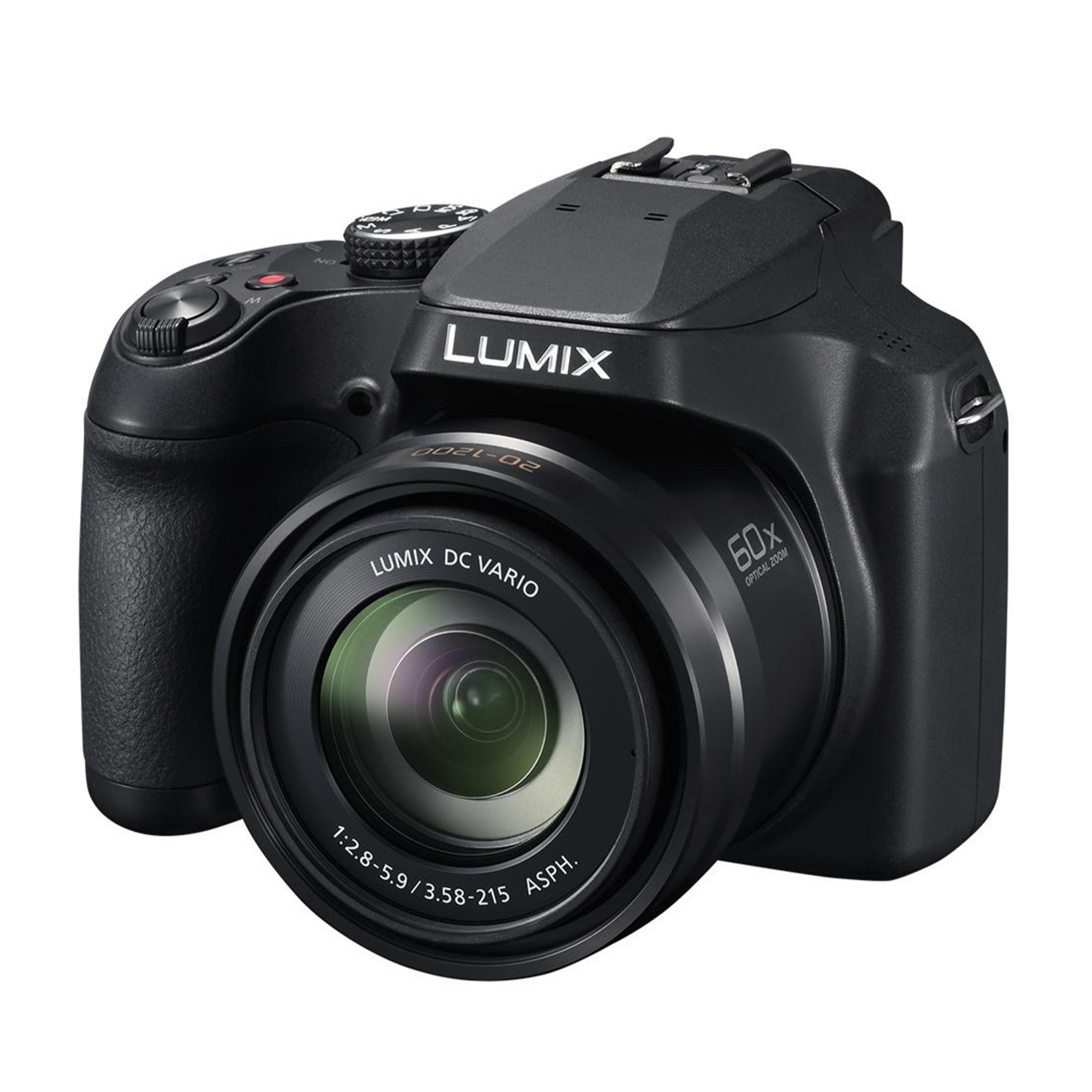 Schwarze Lumix Kamera mit 60x optischem Zoomobjektiv, weißen Schriftzügen.