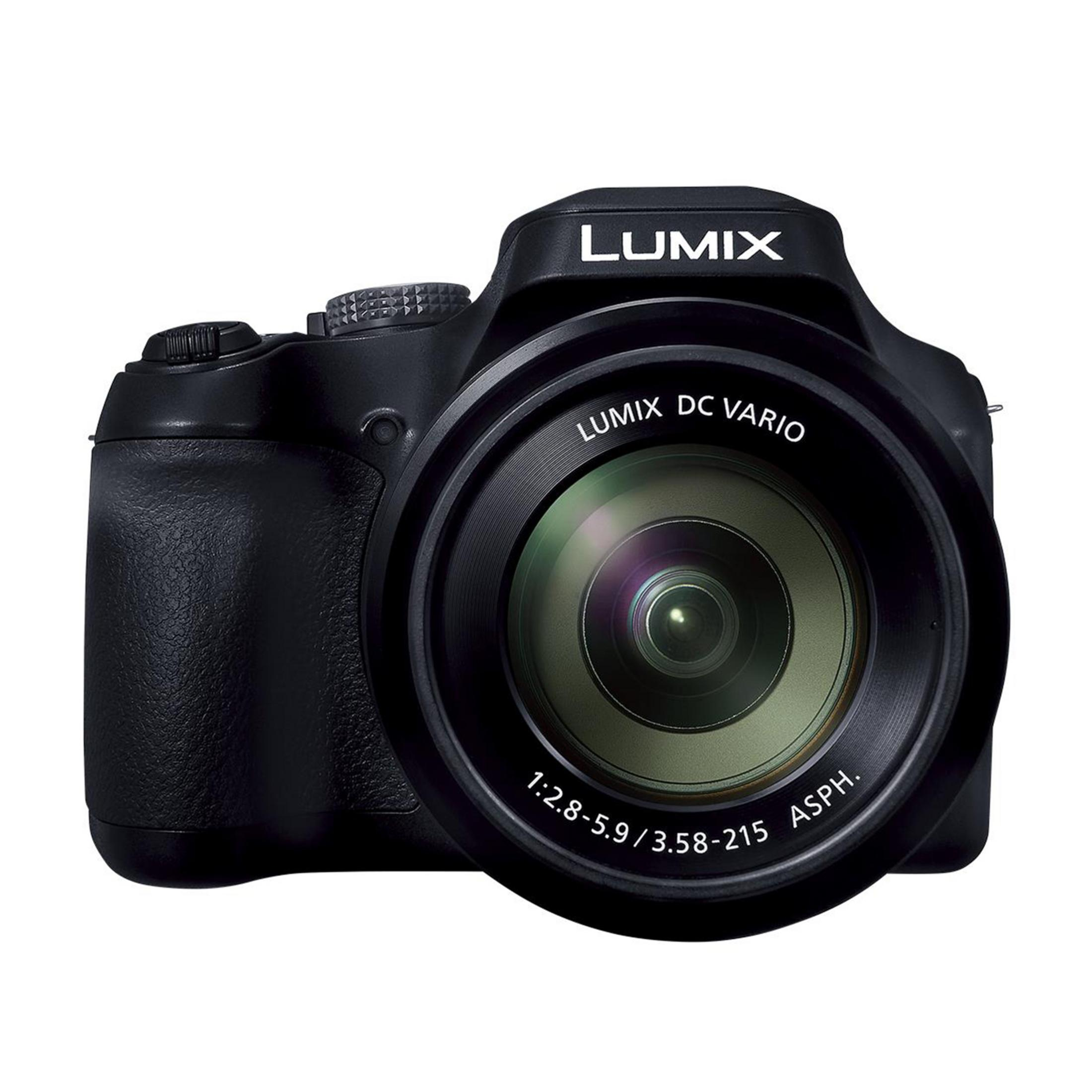 Schwarze Lumix Digitalkamera mit Objektiv und Beschriftung.