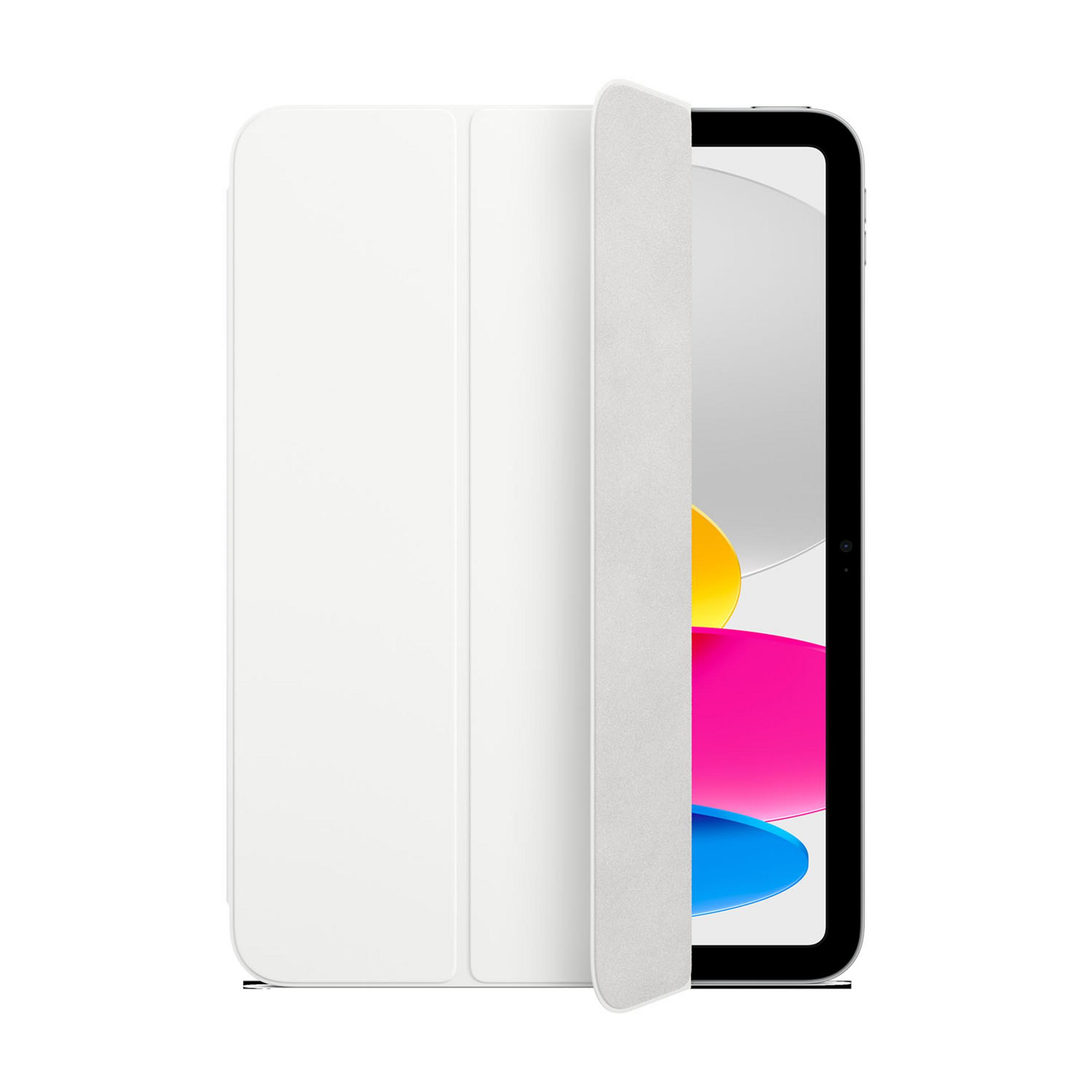 Ein weißes Tablet mit offenem Schutzumschlag, der eine farbige Tapete zeigt.