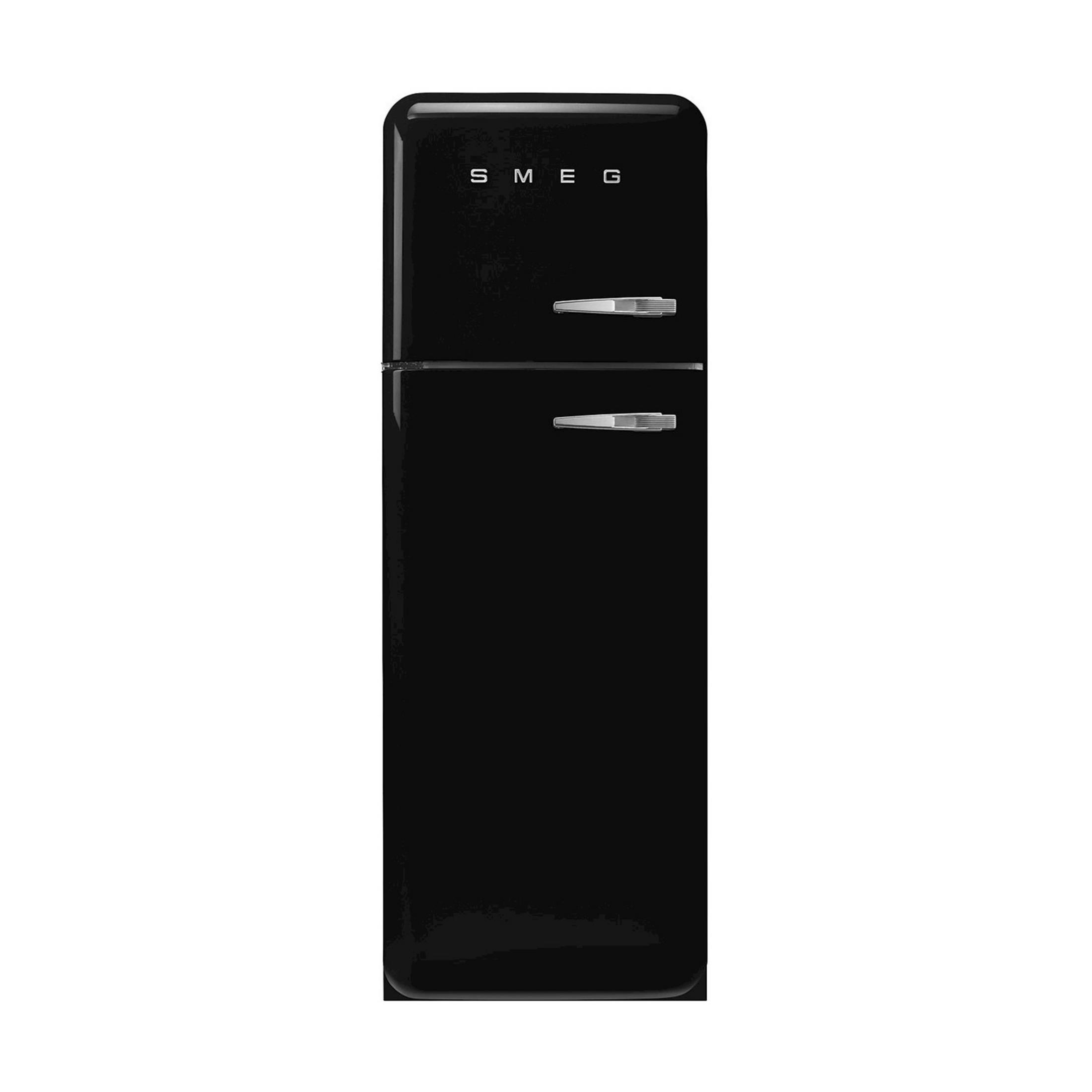Ein schwarzer Smeg Kühlschrank mit silbernem Griff und Logo.
