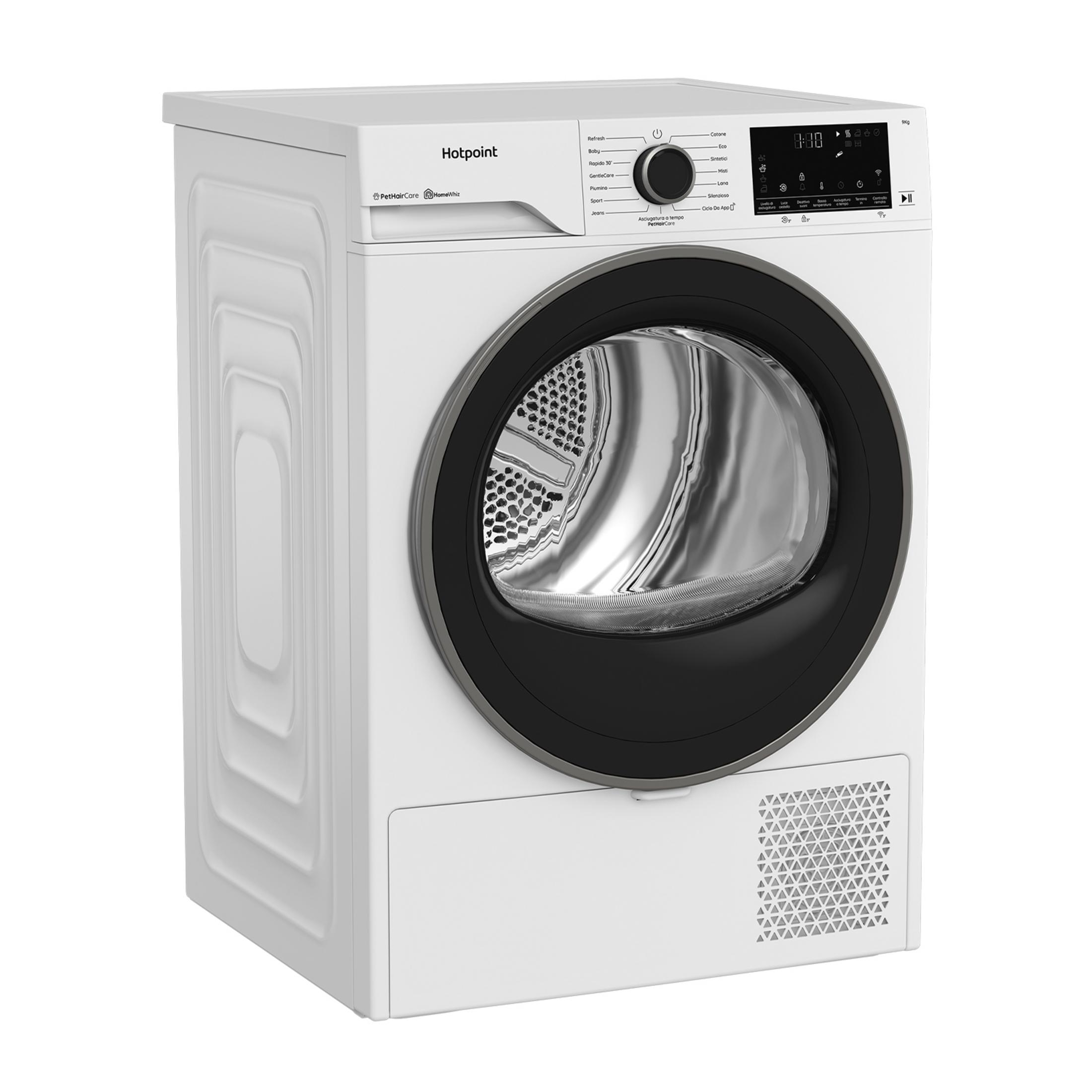 Un'asciugatrice bianca marca Hotpoint con porta e pannello di controllo neri.