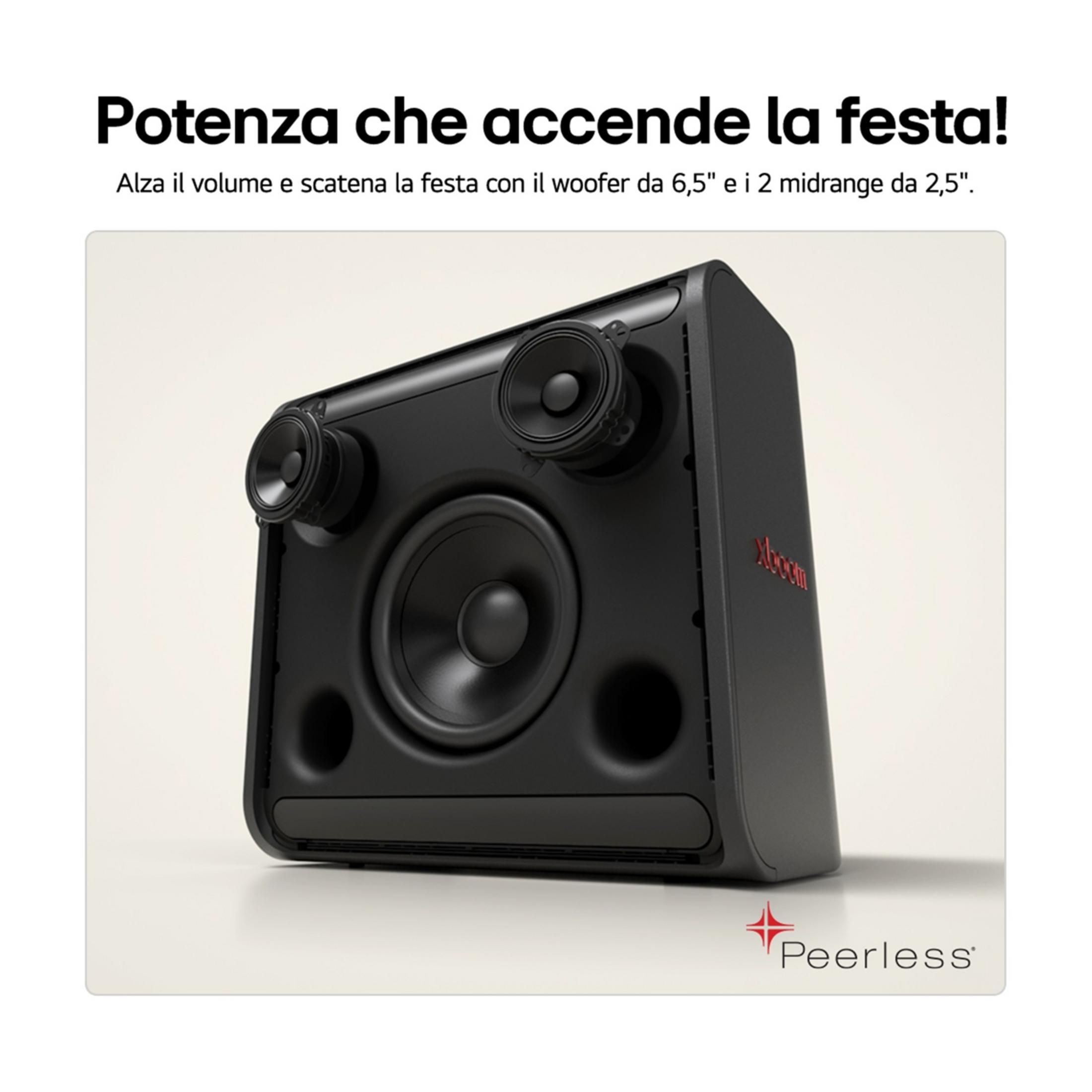 Altavoz negro con woofer de 6.5" y dos medios de 2.5".