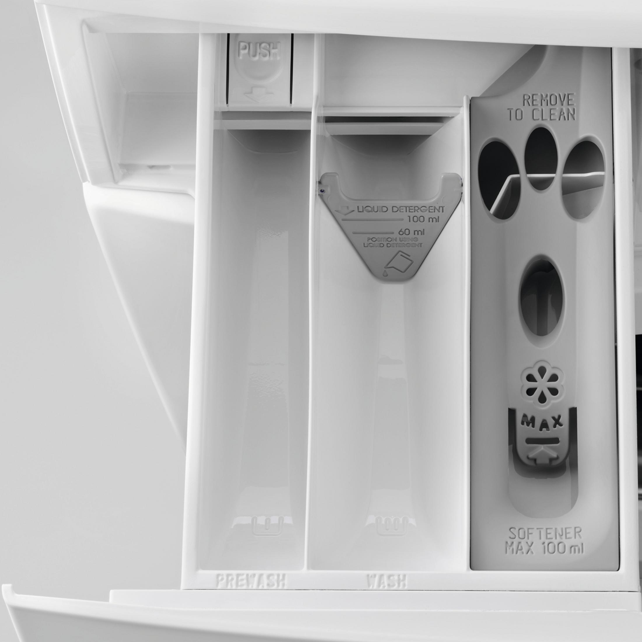 Un cassetto detersivo bianco con scomparti per prelavaggio, detersivo e ammorbidente.