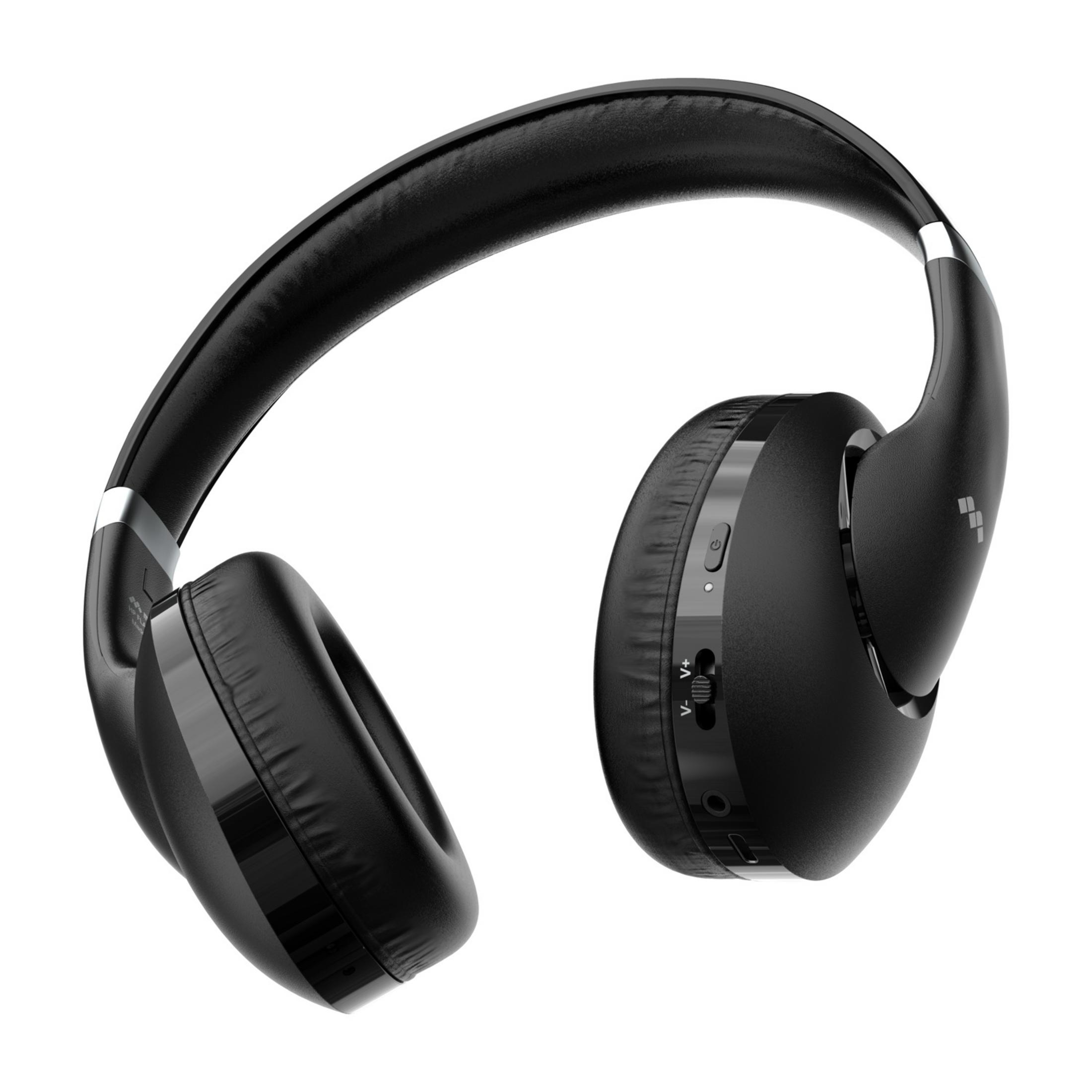 Black headphones with silver accents on a white background.