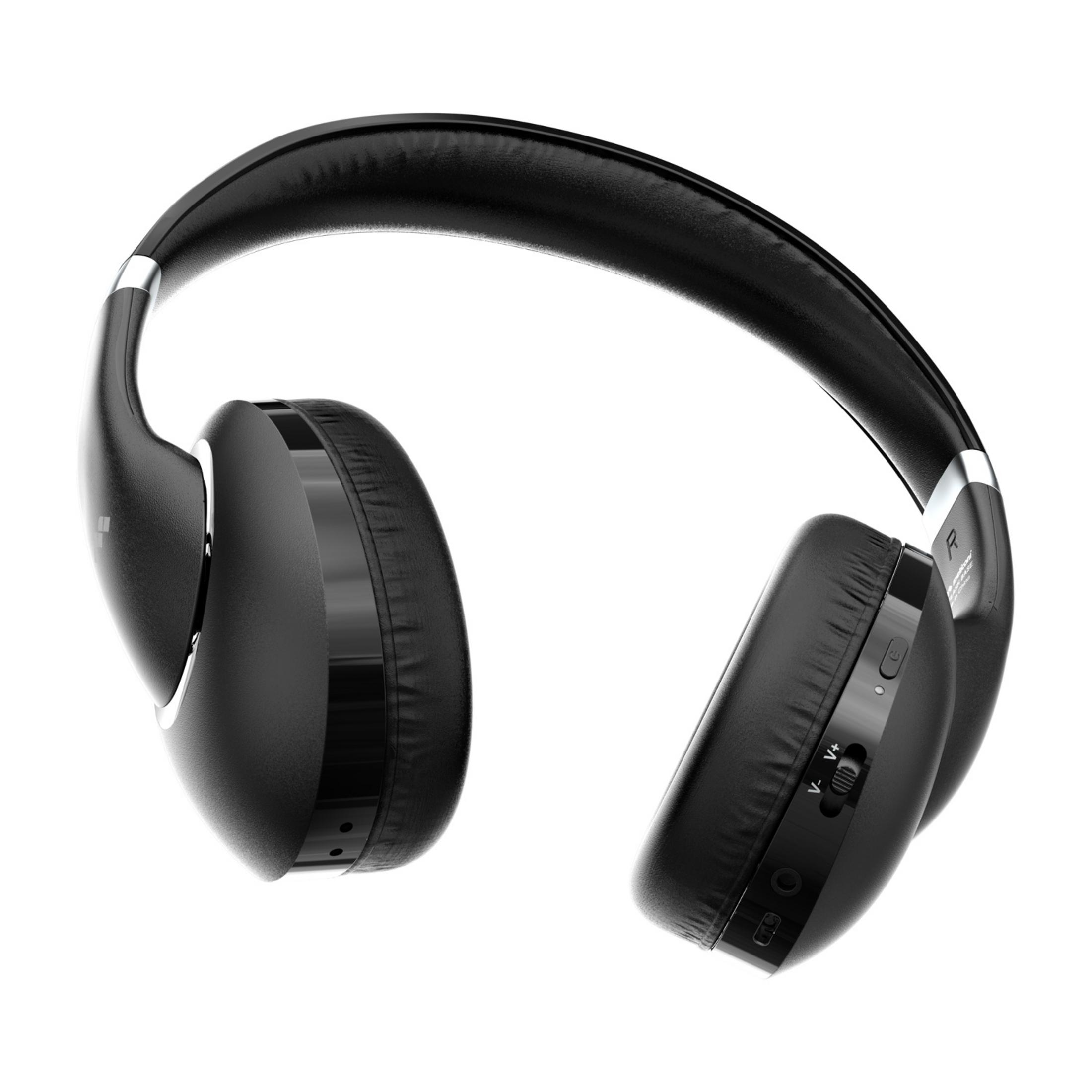 Black over-ear headphones with silver accents and control buttons.