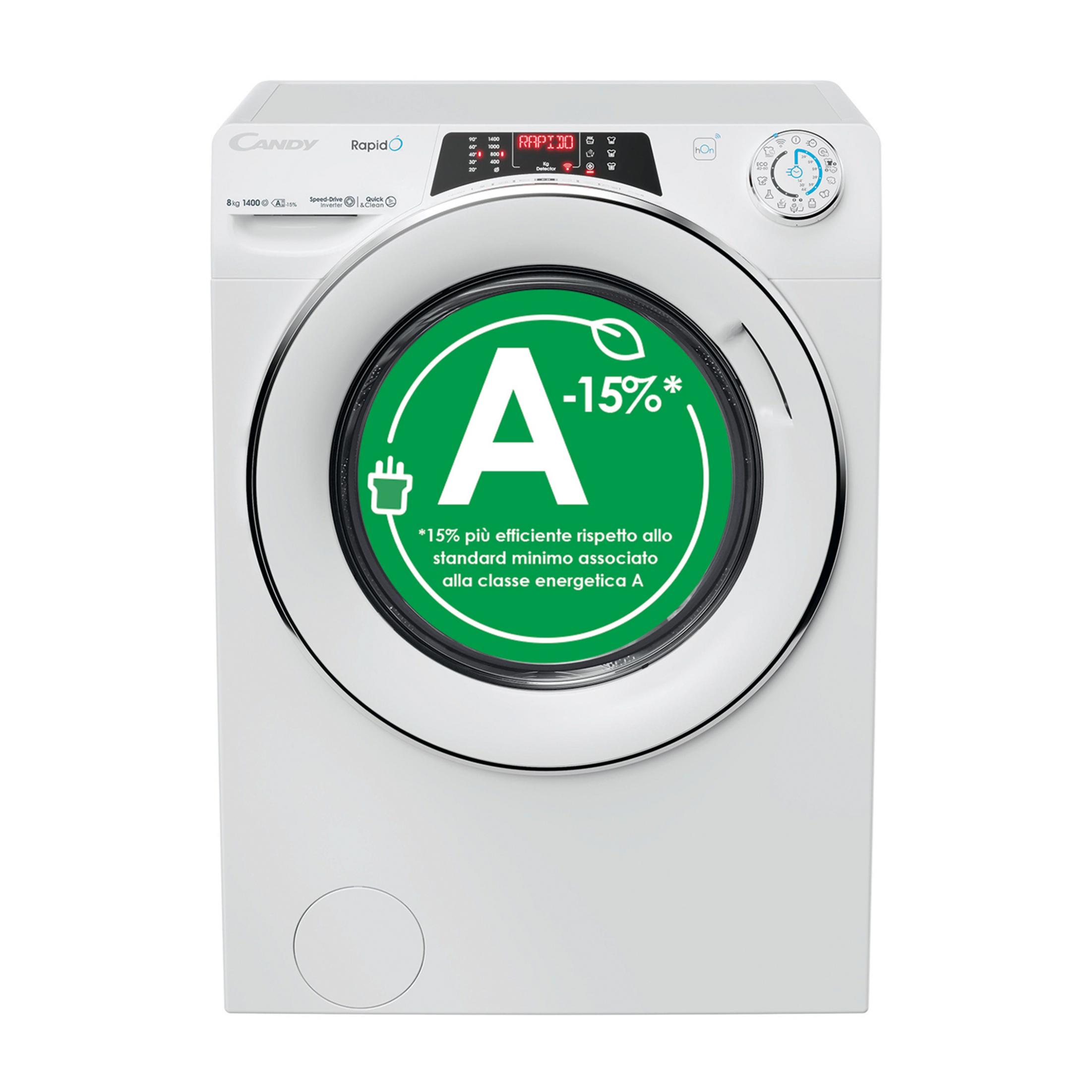 Lavatrice Candy bianca con etichetta A -15% di efficienza energetica.