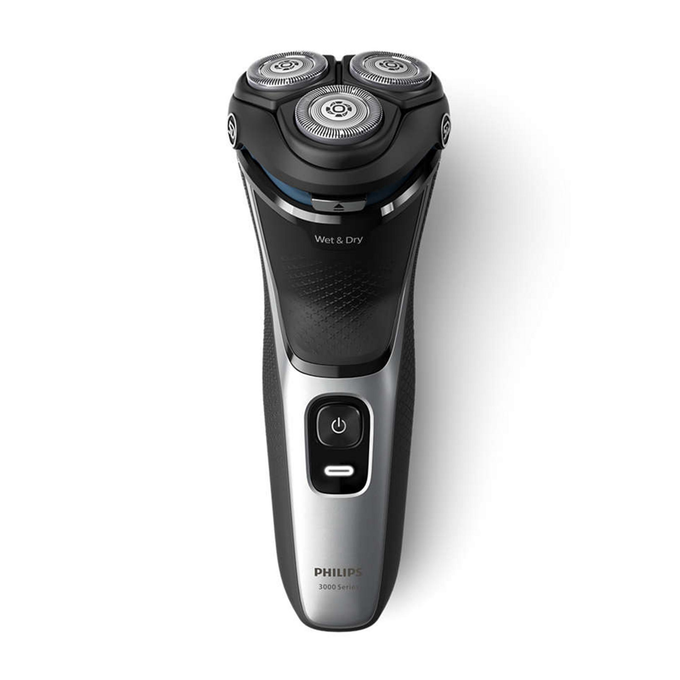 A black Philips shaver with three rotating heads and silver accents.