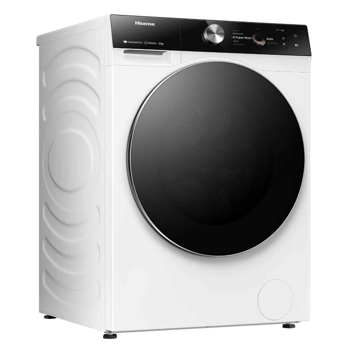 Una lavadora Hisense blanca con puerta negra y dial plateado.