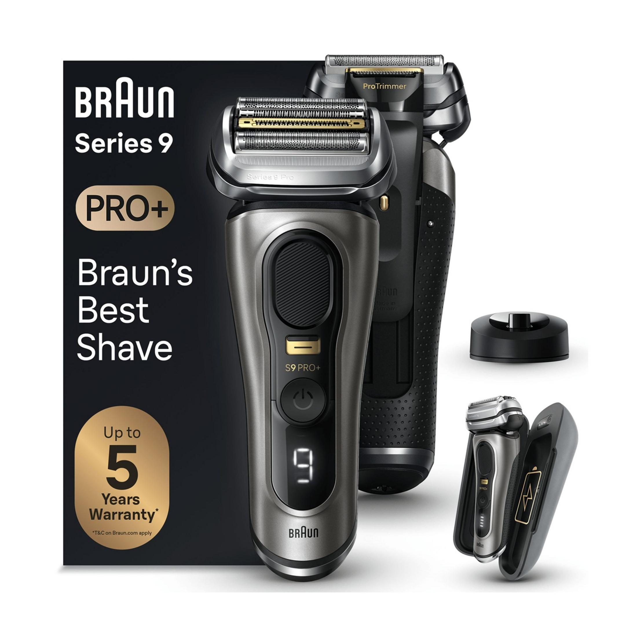 Golarka elektryczna Braun Series 9 Pro+ z etui ładującym, stacją i informacją o gwarancji.