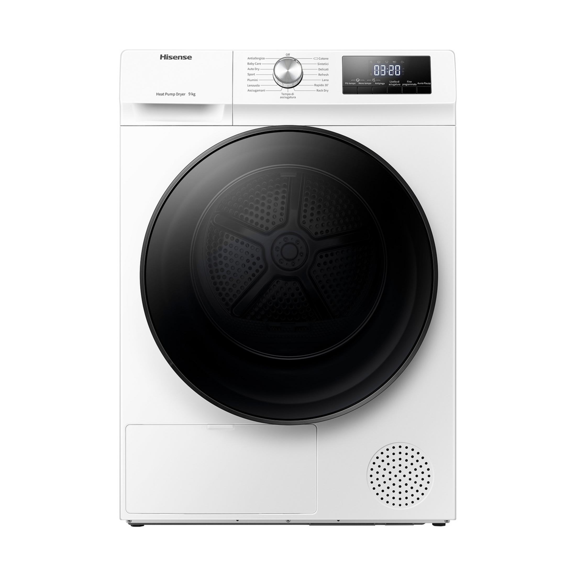 Un'asciugatrice Hisense a pompa di calore bianca con porta e pannello di controllo neri.