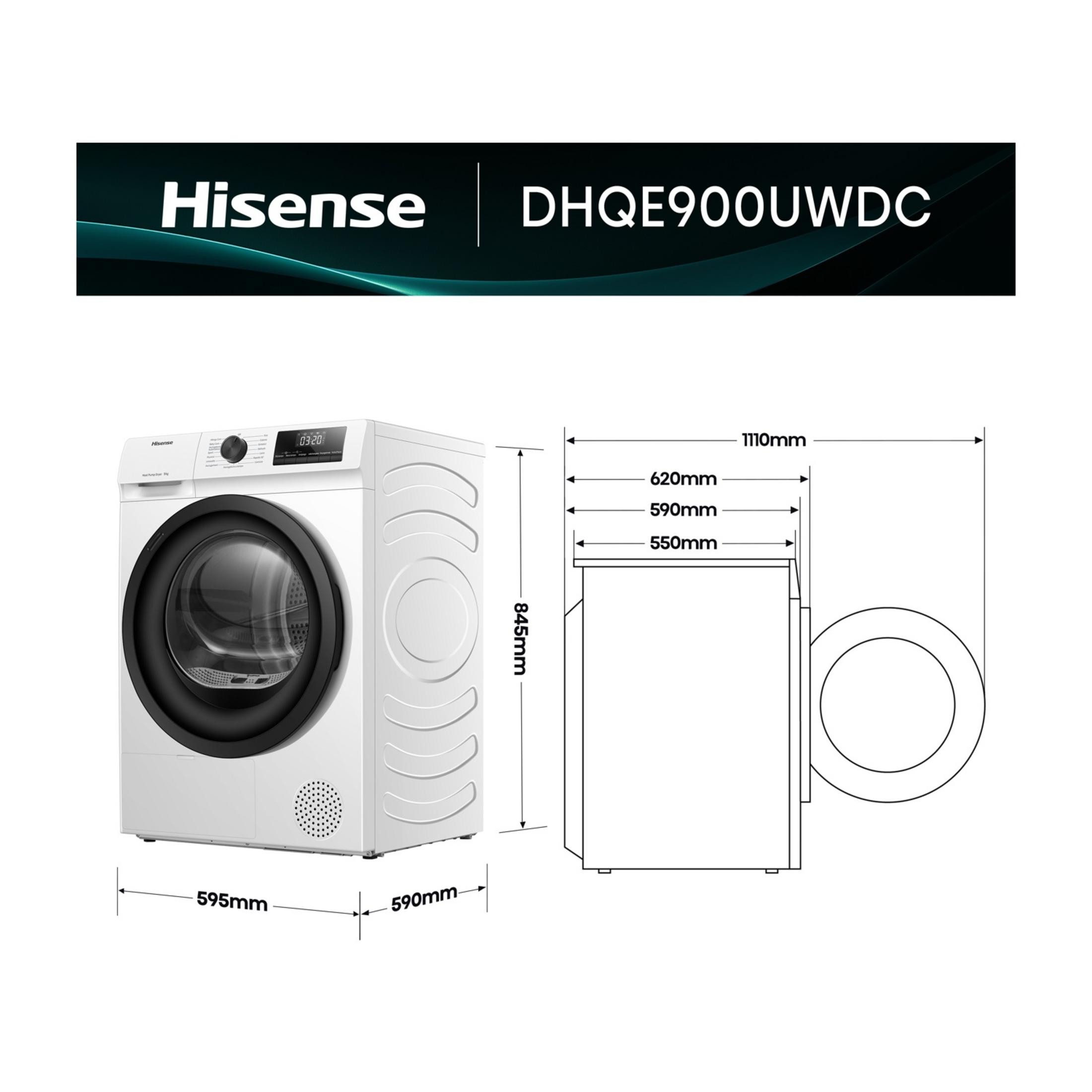 Un'asciugatrice Hisense bianca con dimensioni e nome modello.