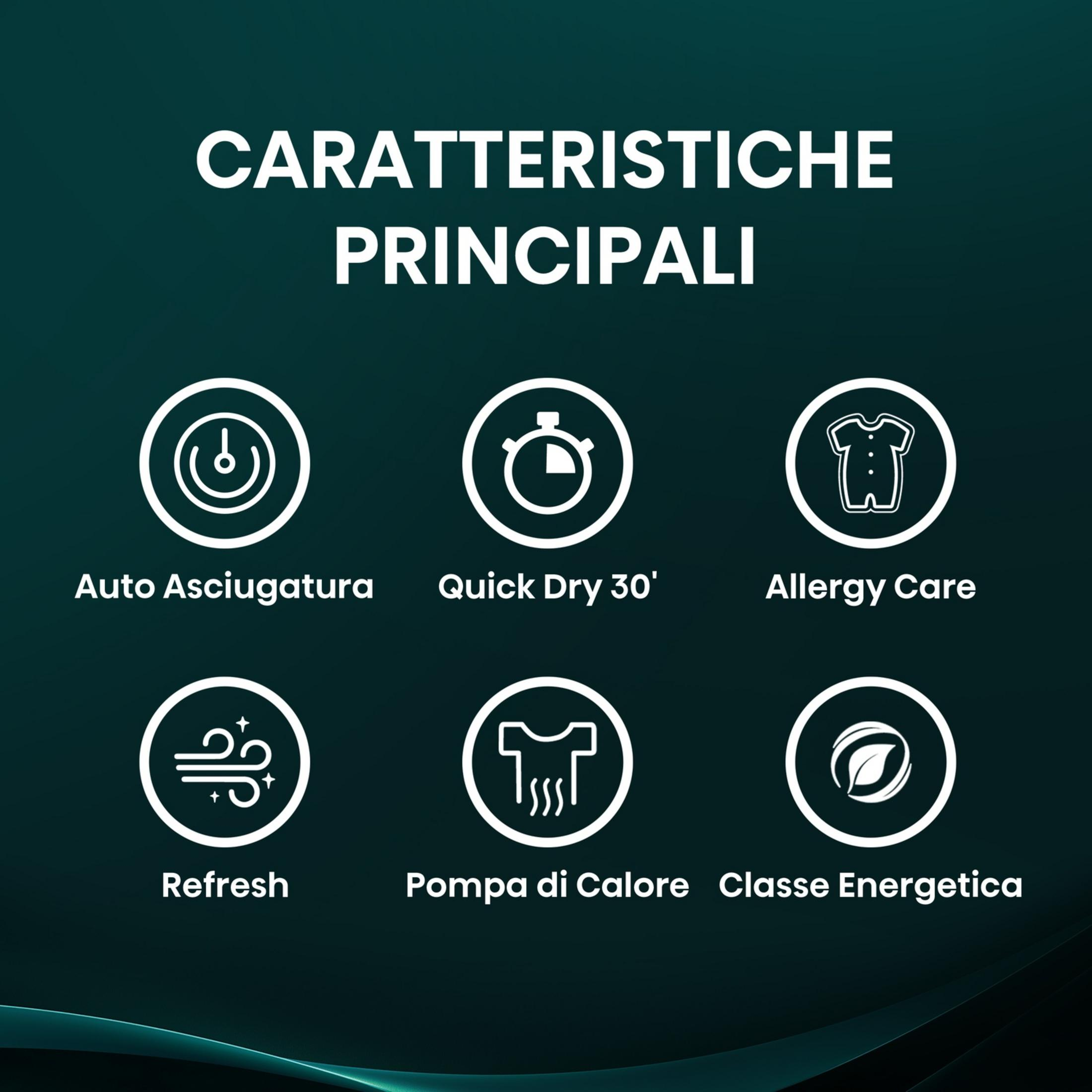 Caratteristiche principali: Asciugatura Auto, Quick Dry 30’, Allergy Care, Refresh, Pompa di Calore, Classe Energetica.