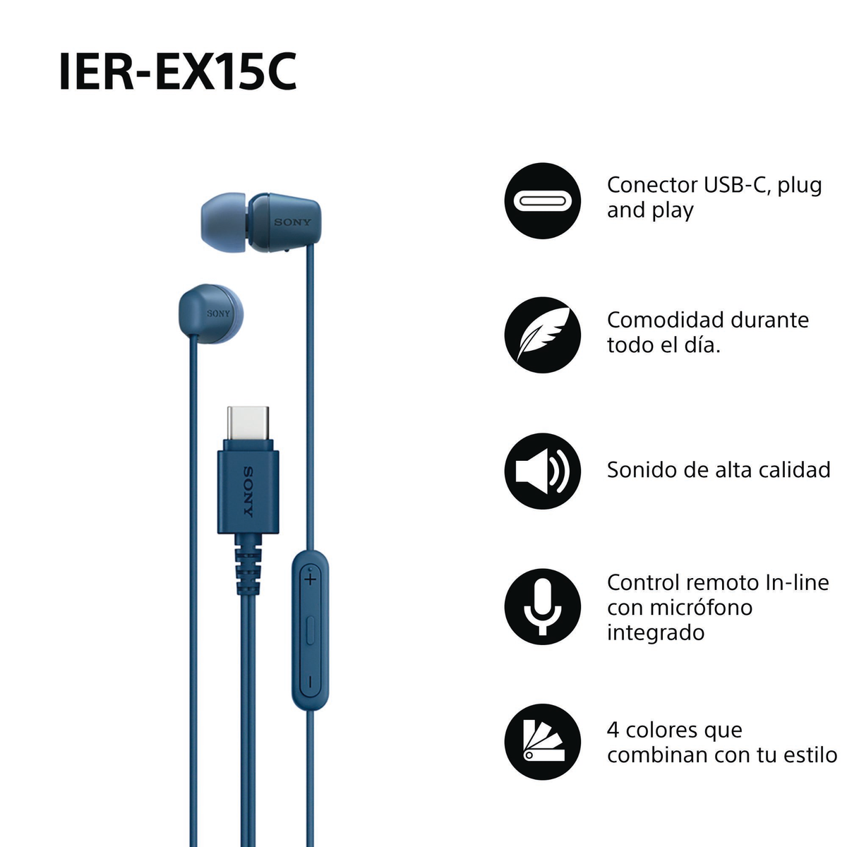 Sony IER-EX15C Kopfhörer mit USB-C, Mikrofon und Lautstärkeregler.