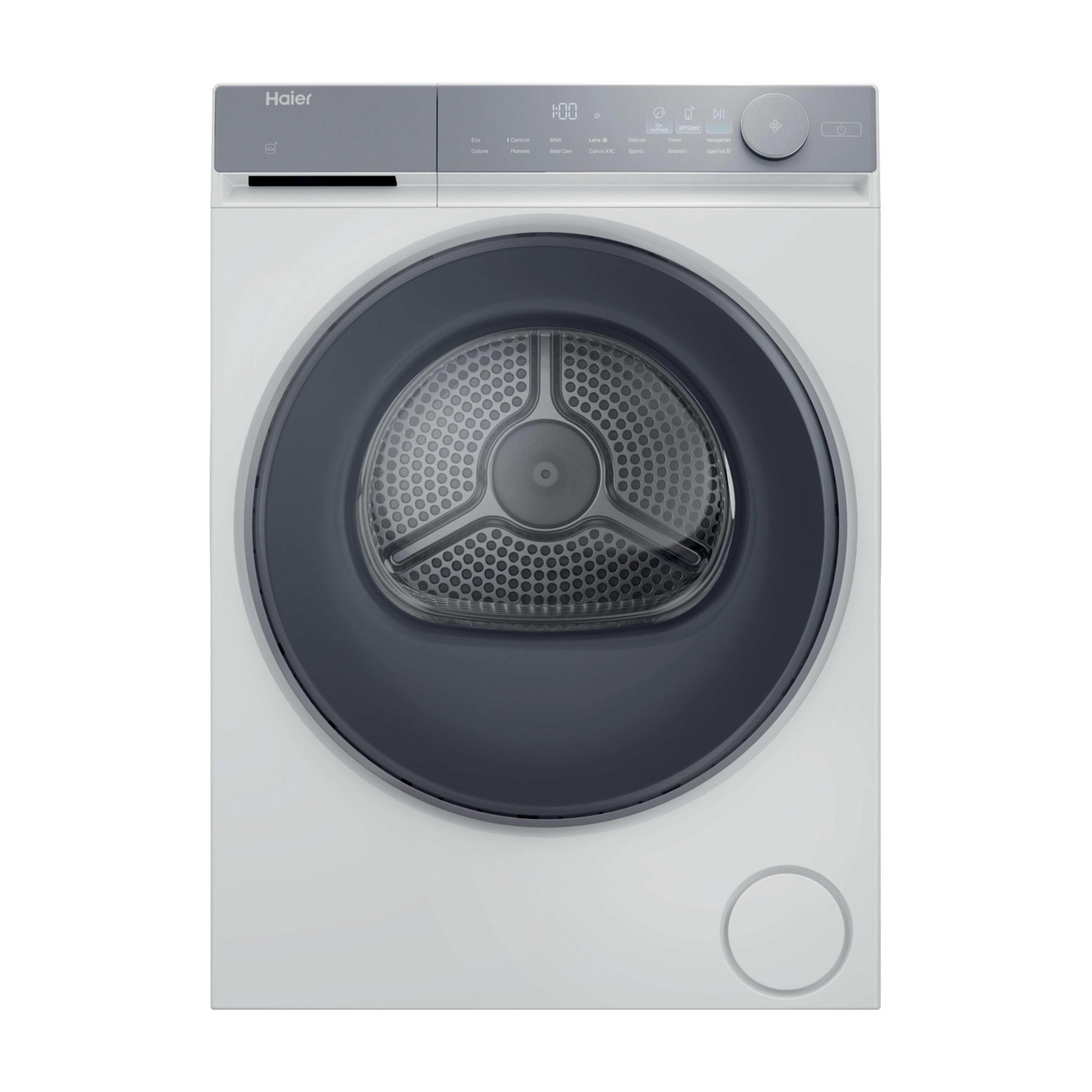Un'asciugatrice Haier bianca con pannello di controllo grigio e porta rotonda.