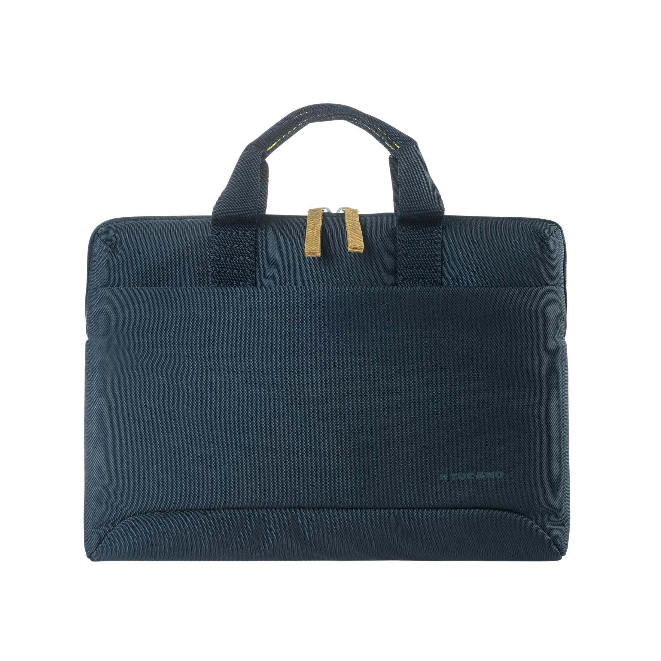 Dunkelblaue Laptoptasche mit gelben Akzenten und Henkeln.