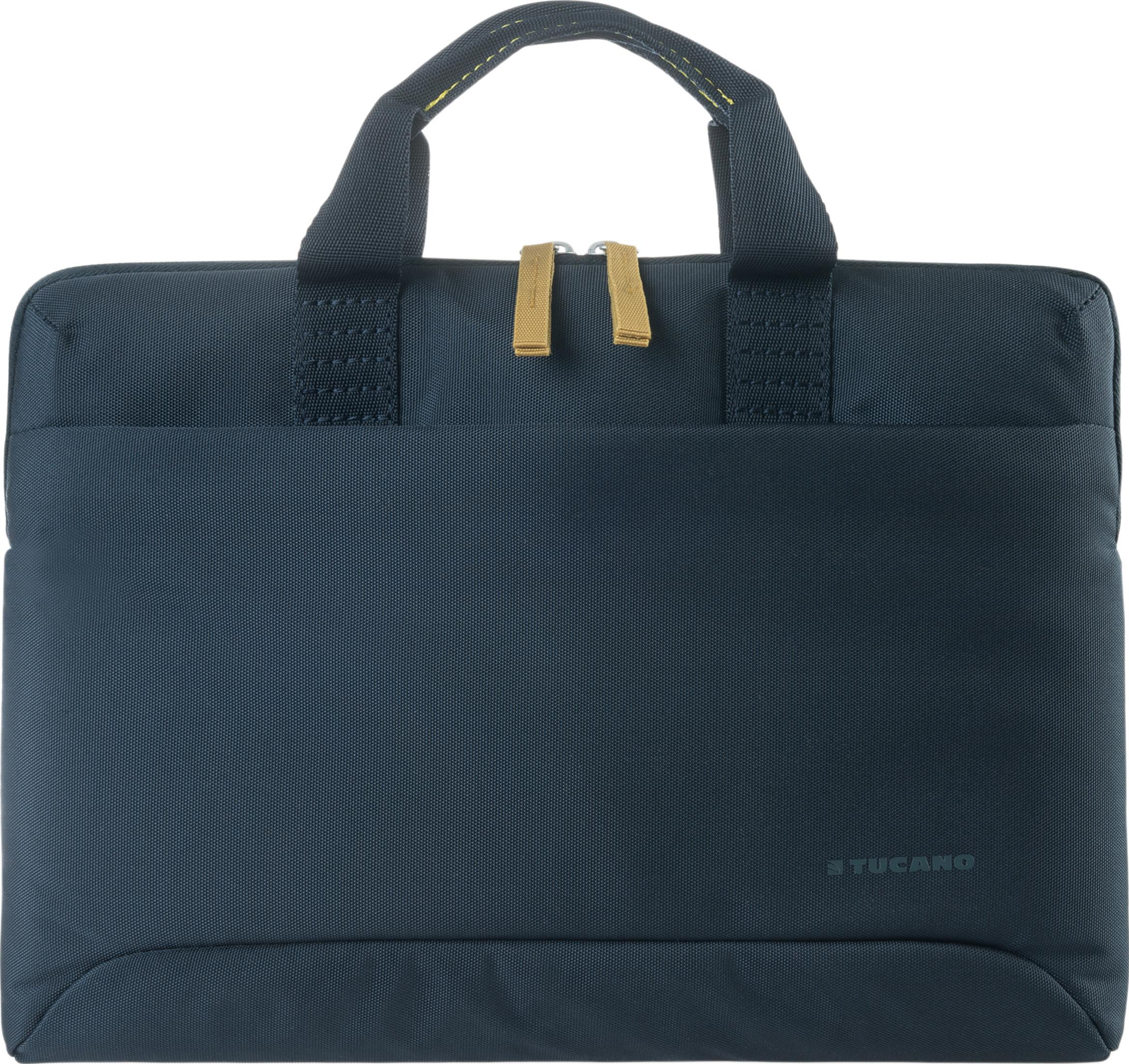 Dunkelblaue Laptoptasche mit zwei Henkeln und goldfarbenen Reißverschlussanhängern.