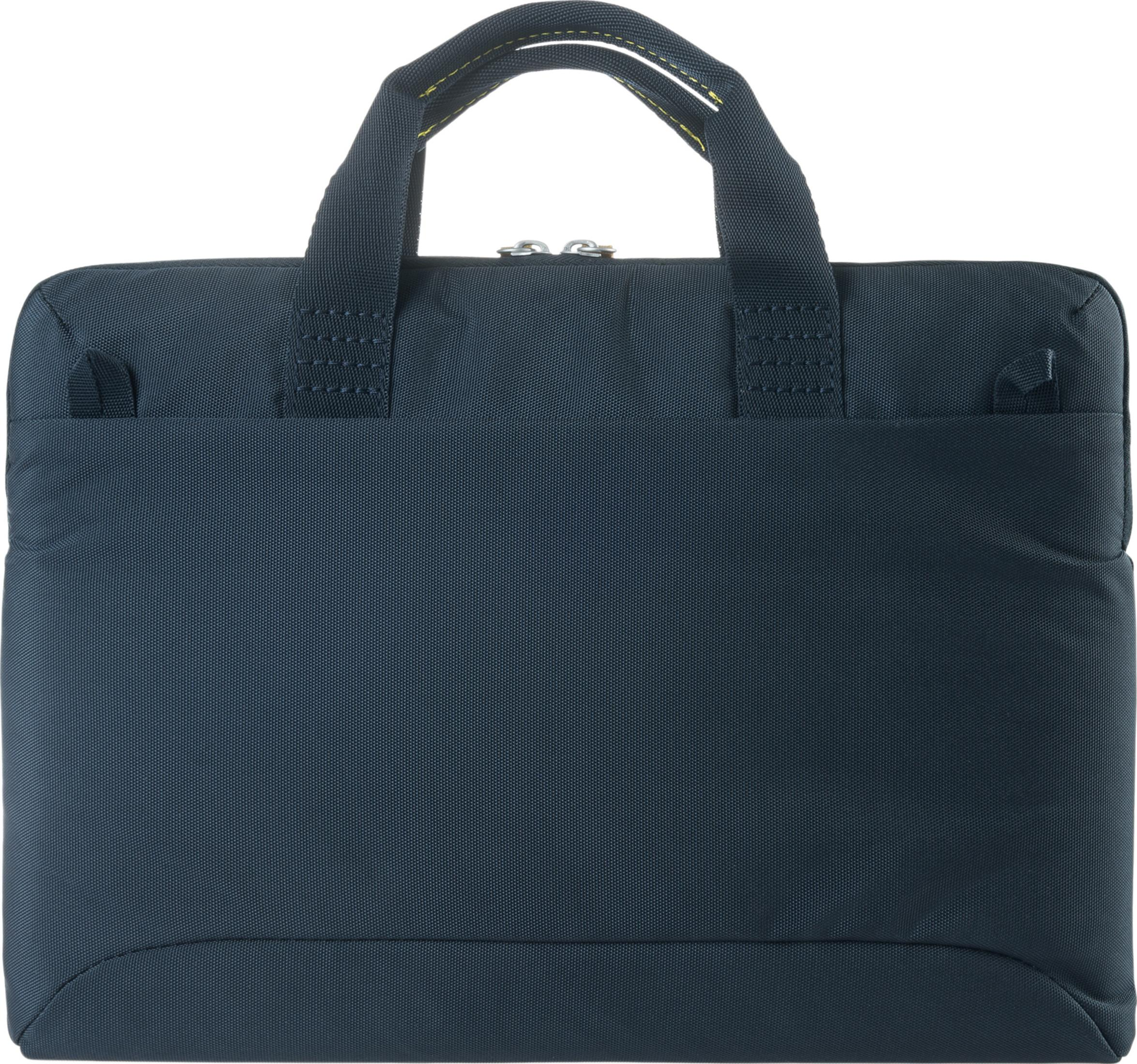 Dunkelblaue Laptoptasche mit gelben Nähten und zwei Reißverschlusszippern.