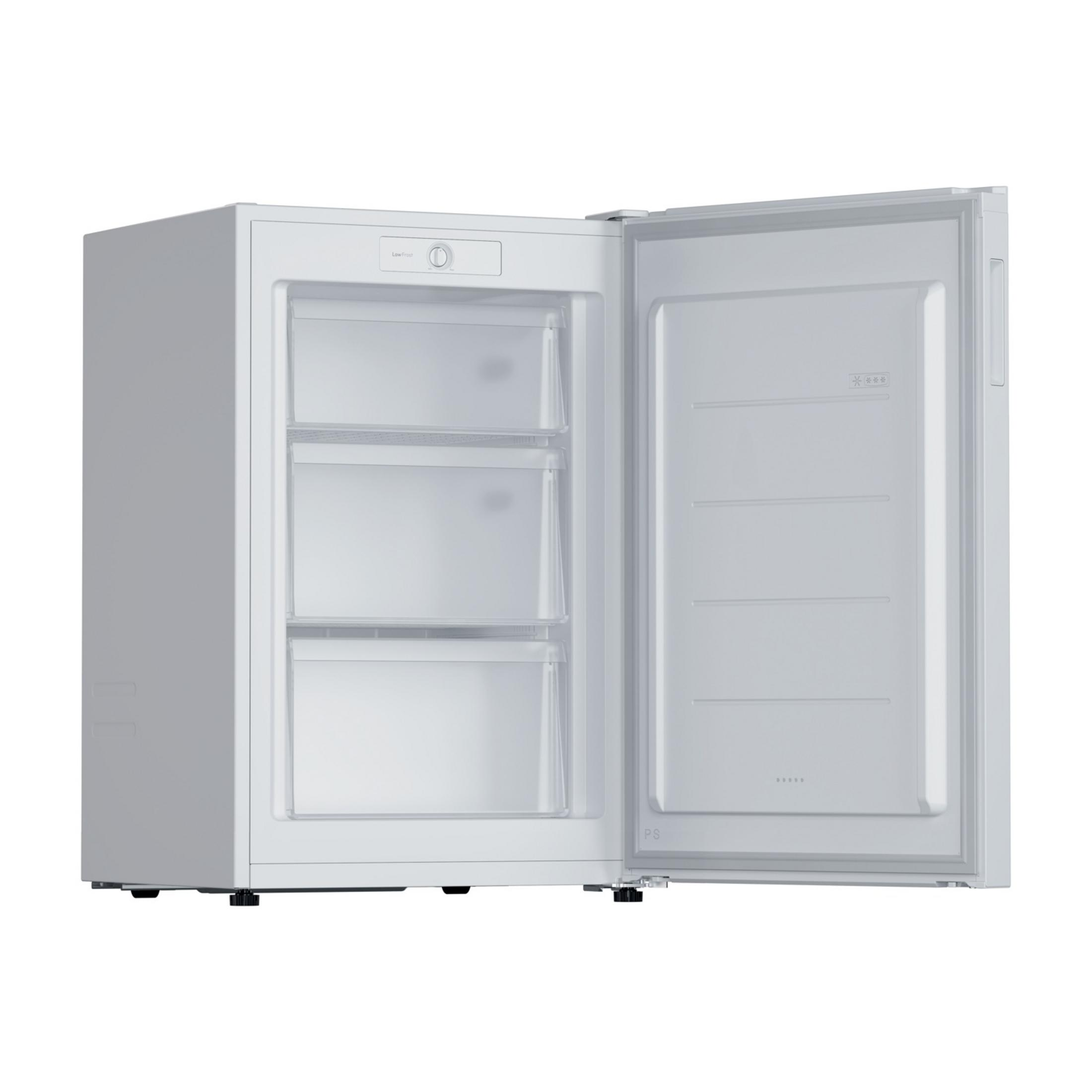 Un refrigerador blanco con la puerta abierta, mostrando tres cajones.