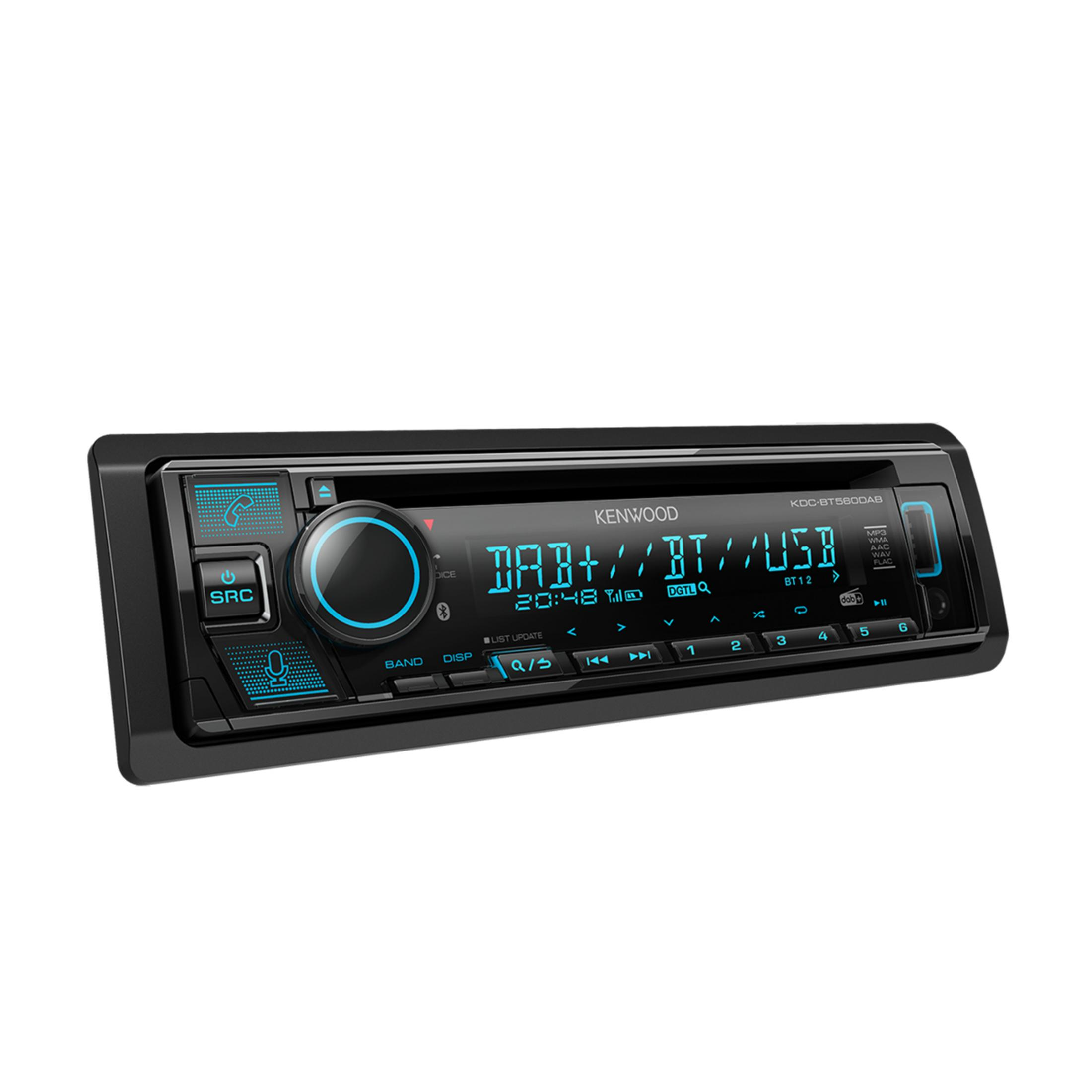 Ein Kenwood Autoradio mit DAB+, Bluetooth und USB-Anschluss, Display zeigt 20:48.