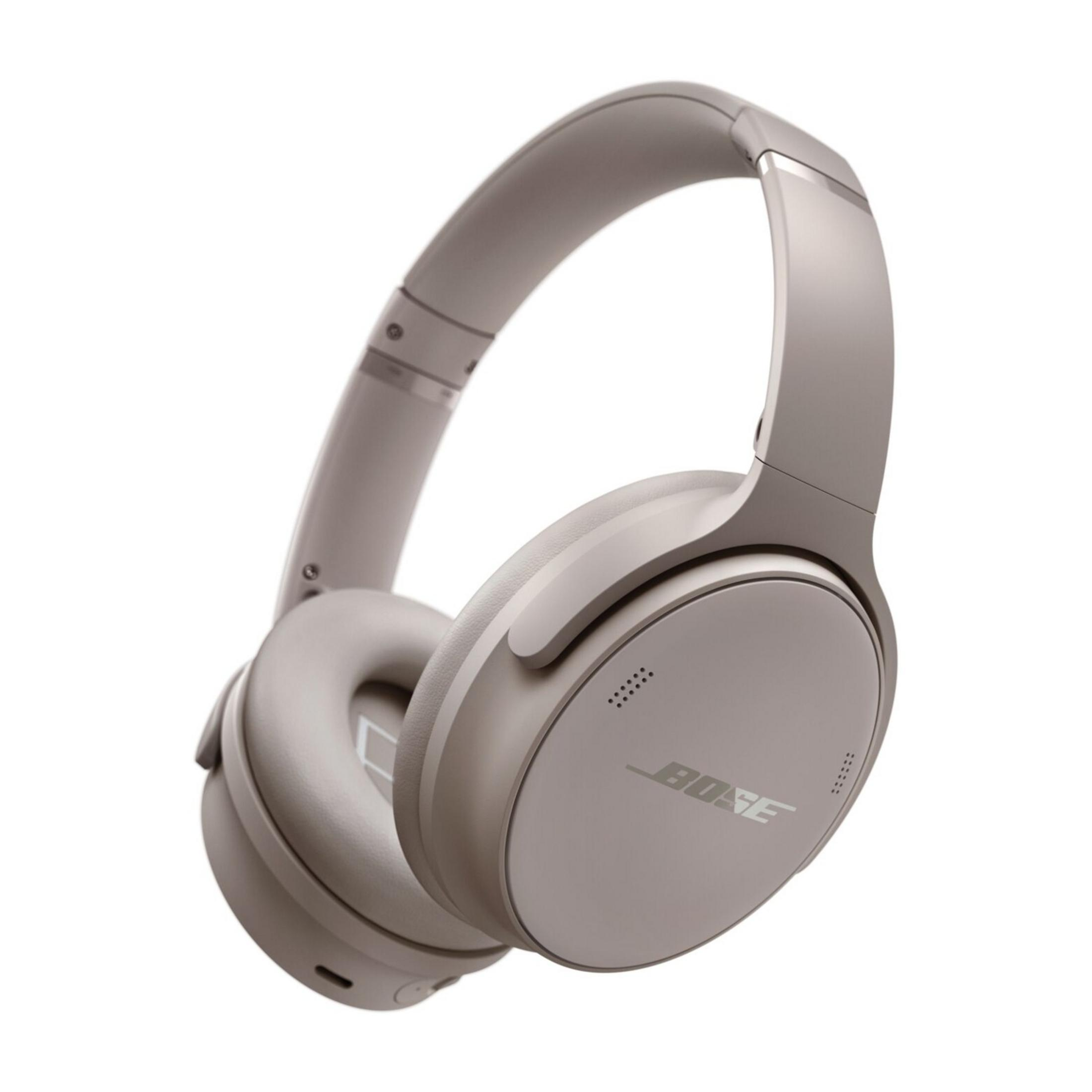 Szare słuchawki Bose z srebrnym logo na białym tle.