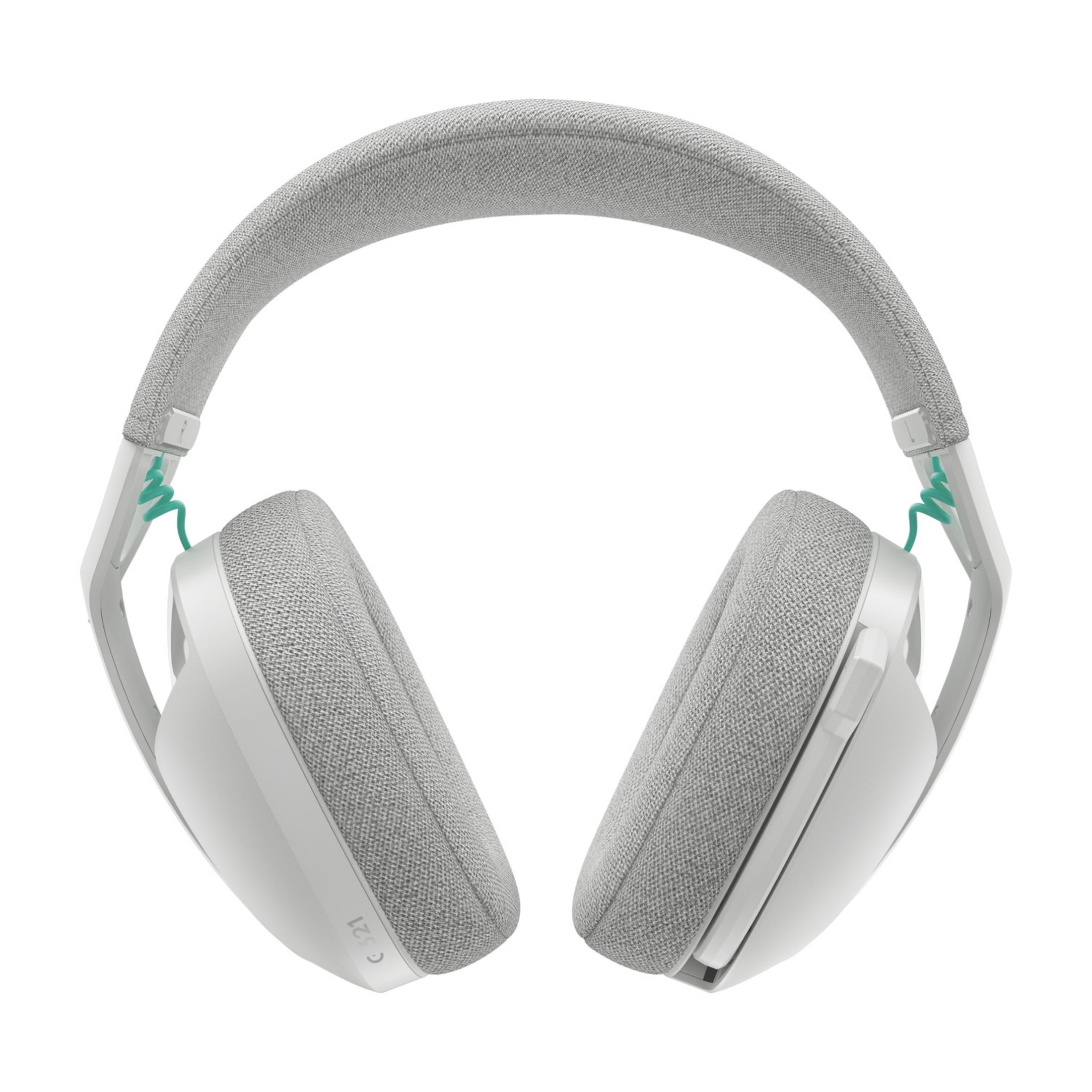 Grijze stoffen koptelefoon met witte accenten en een turkooise kabel.