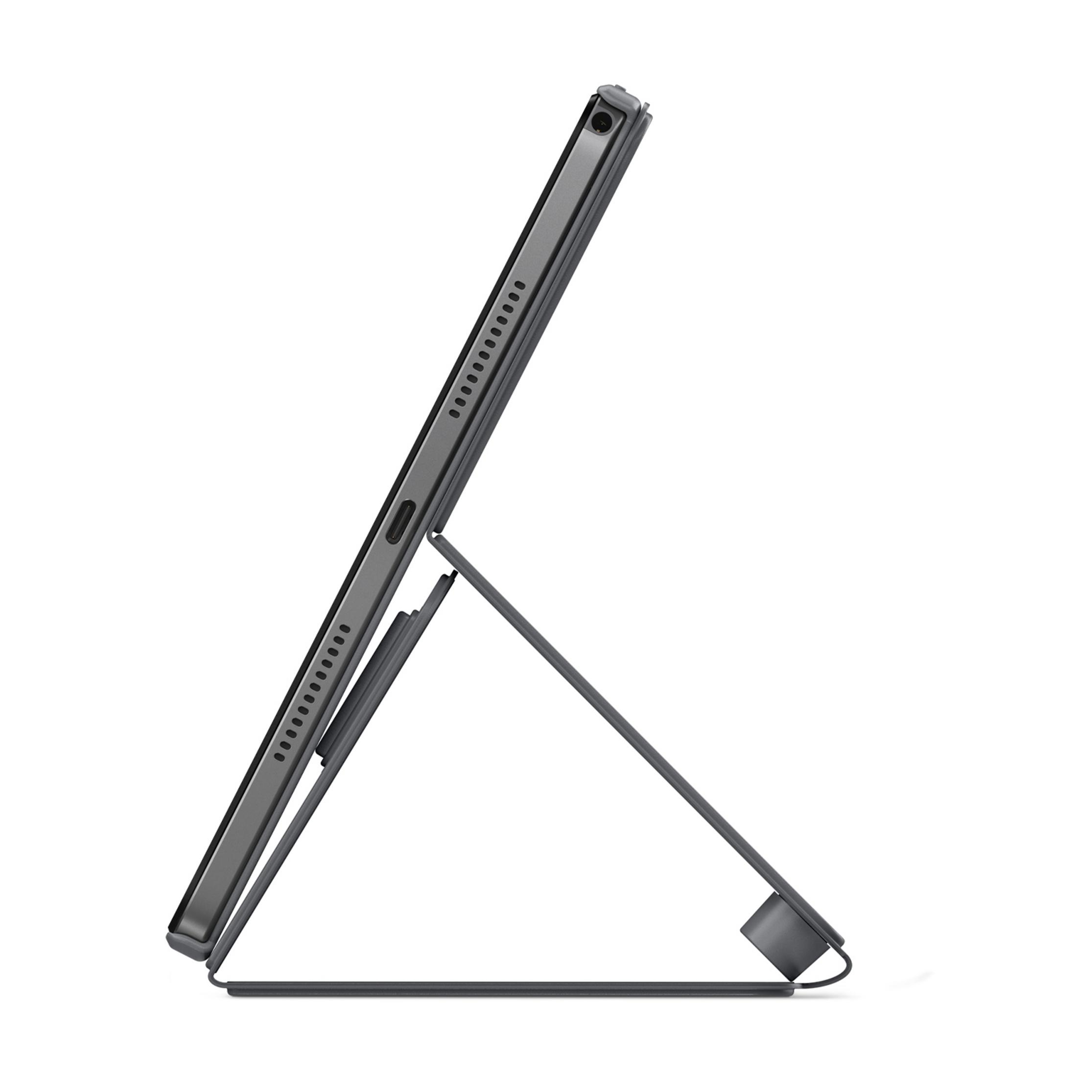 Ein graues Tablet mit Ständer, auf weißem Hintergrund.