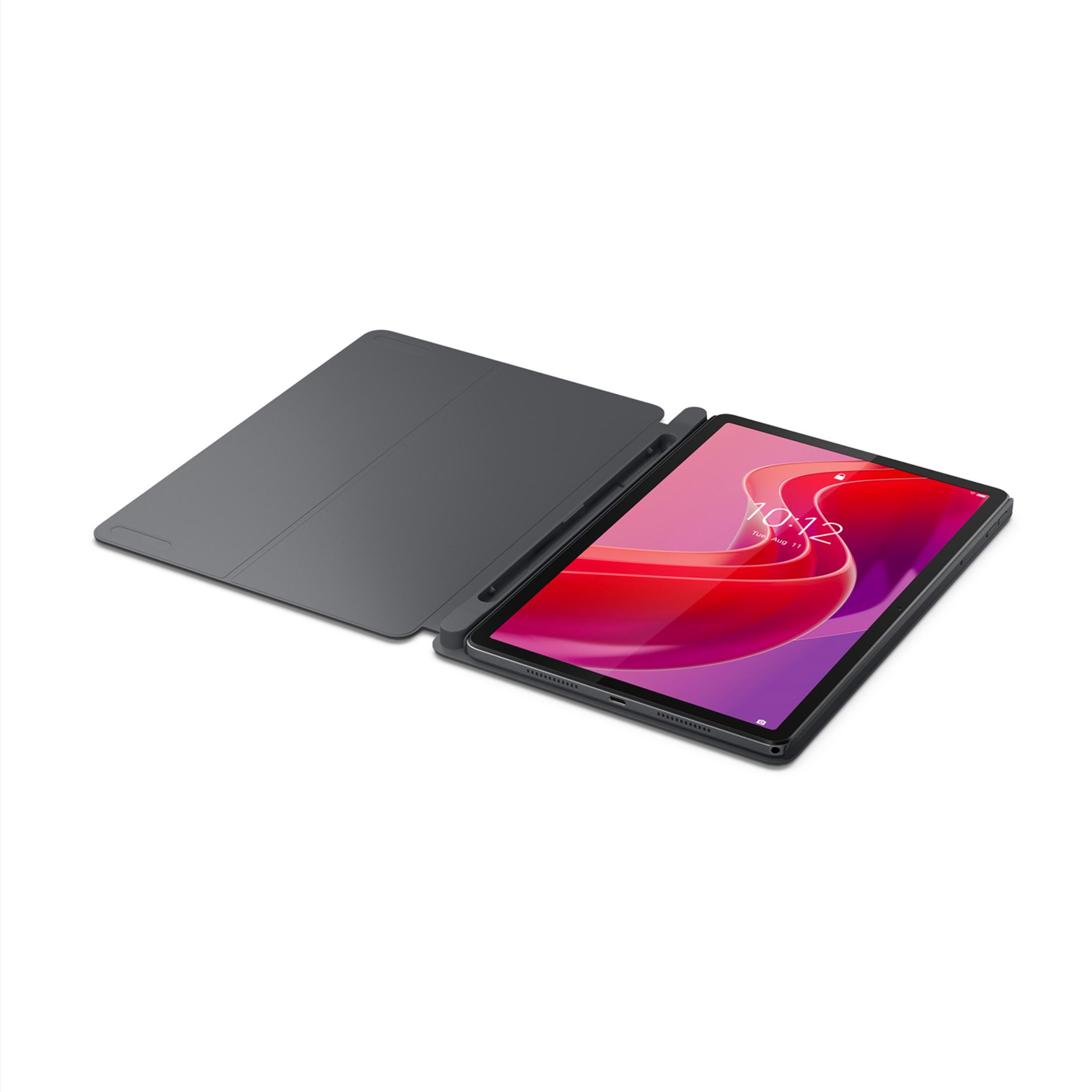 Ein graues Tablet mit Stifthalter und Tastaturabdeckung. Der Bildschirm zeigt die Uhrzeit.