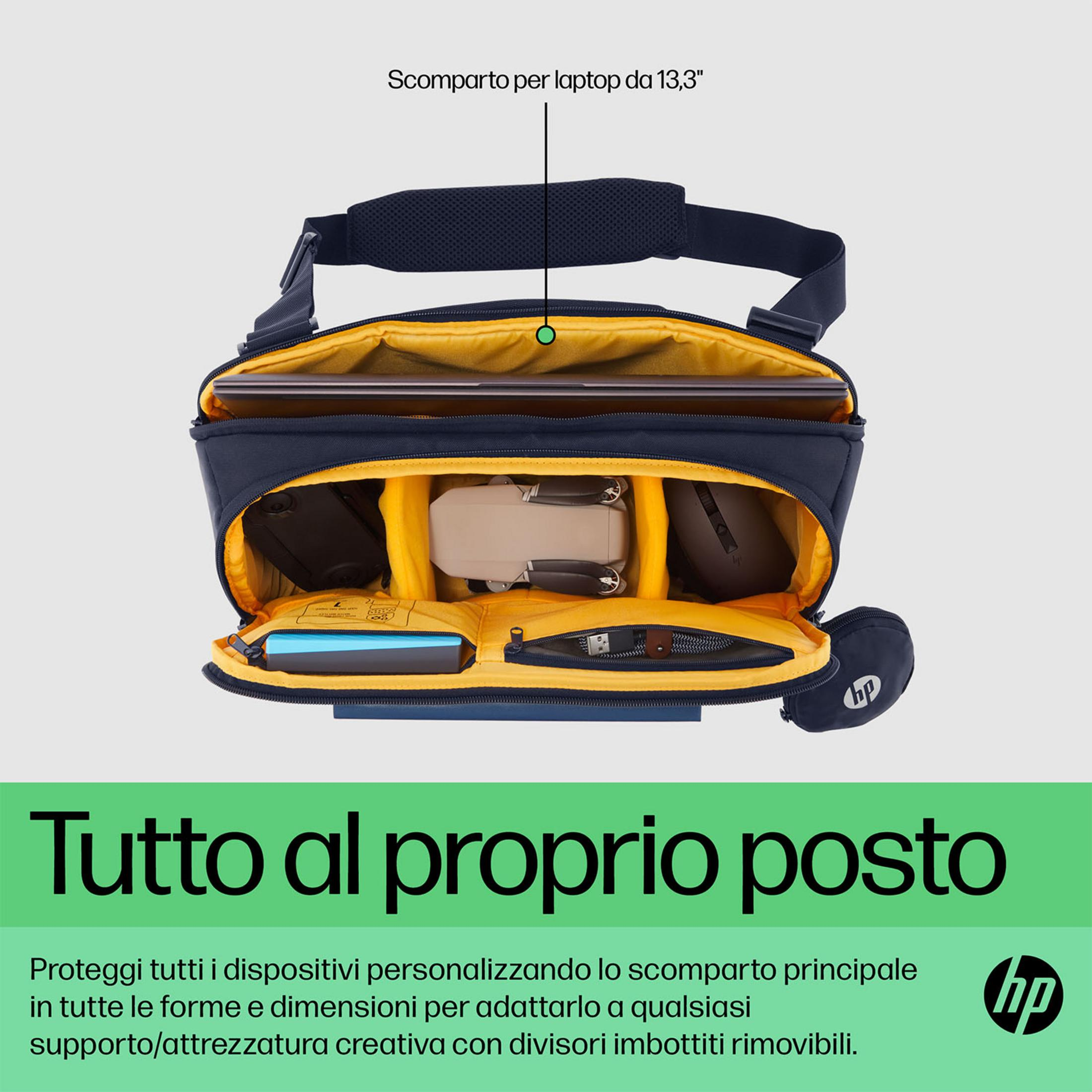 Sarı astarlı lacivert çanta, içinde laptop, drone, fare ve kablolar.