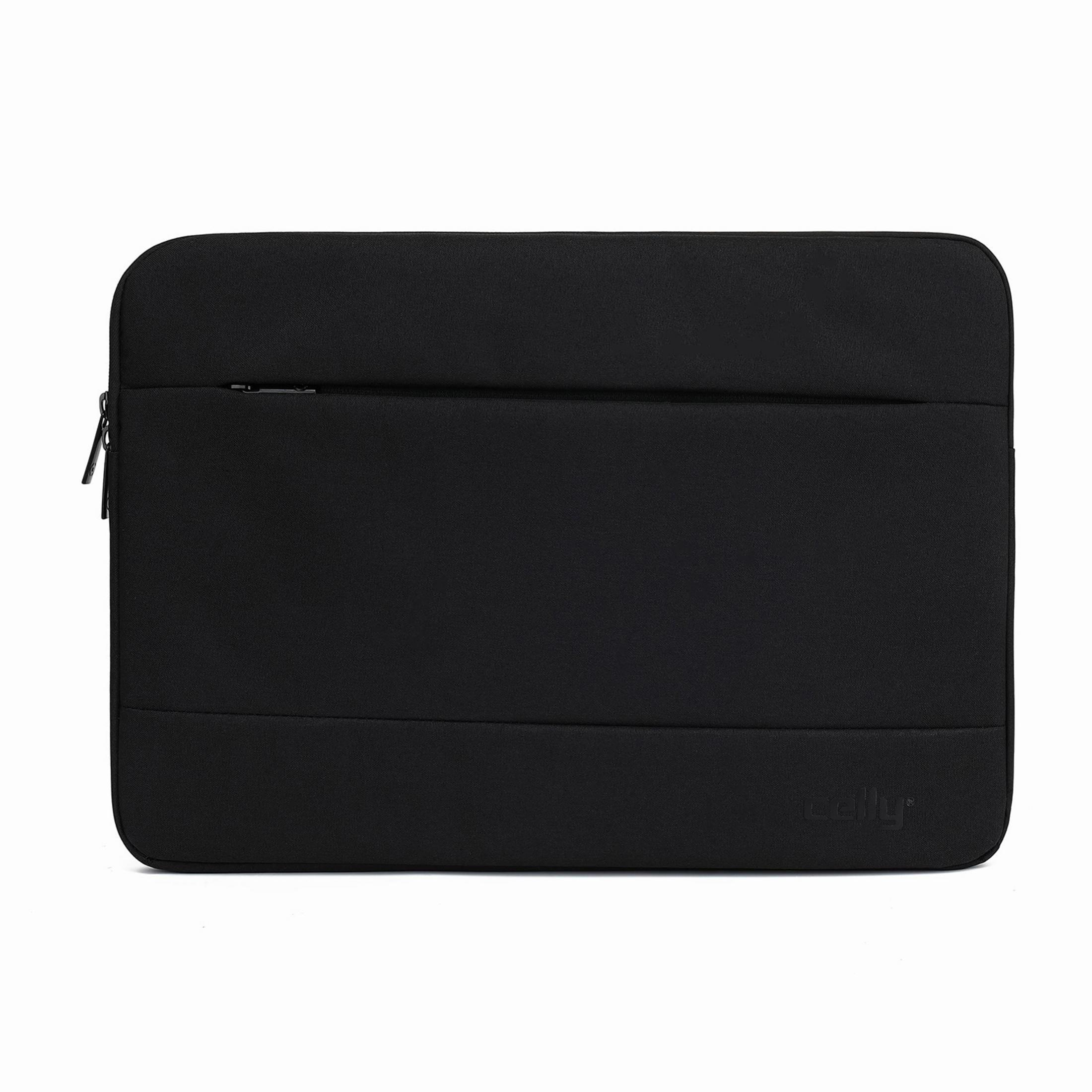 Custodia nera per laptop con cerniera e logo su sfondo bianco.