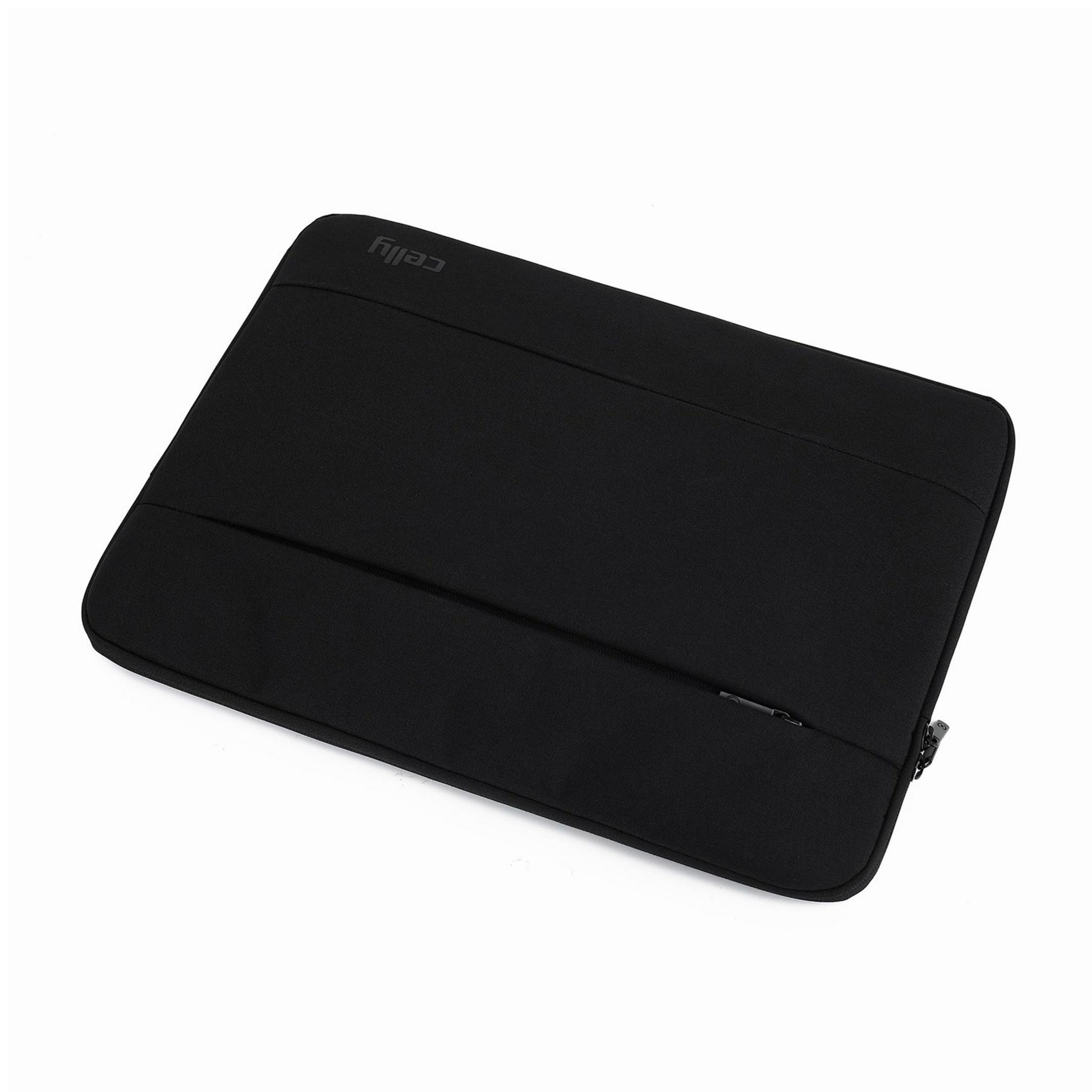 Custodia nera per laptop con cerniera e logo su sfondo bianco.