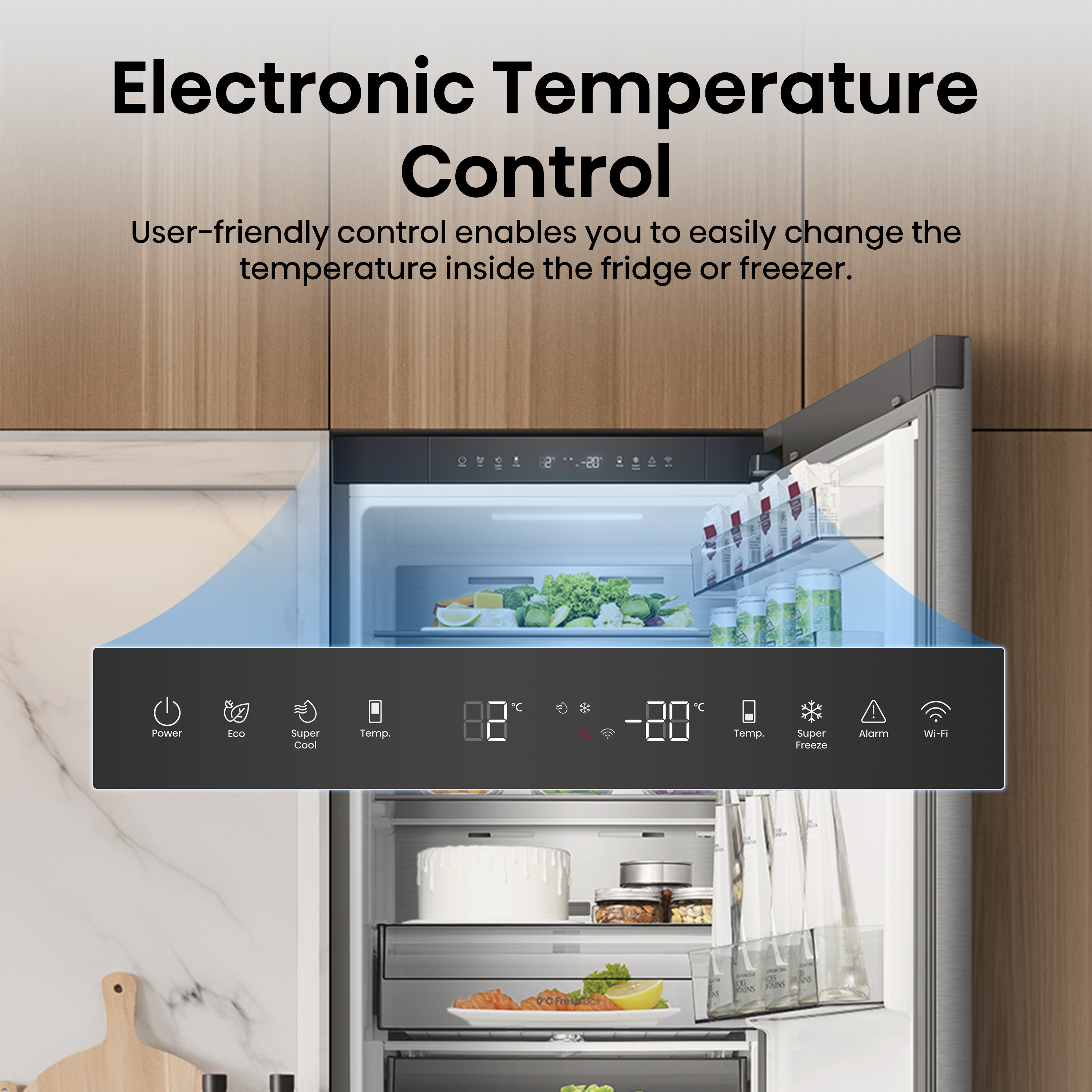 Panel sterowania lodówką z opcjami Zasilanie, Eco, Super Cool, Temp. i Alarm.