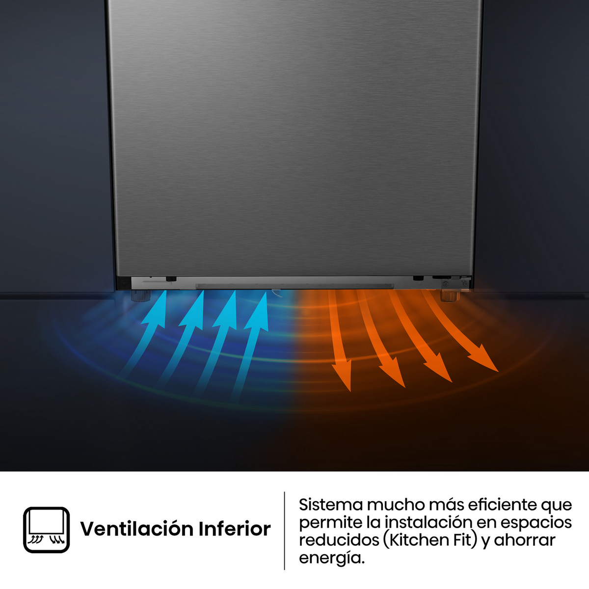 Wentylacja dolna: Niebieskie i pomarańczowe strzałki pokazują przepływ powietrza pod urządzeniem.