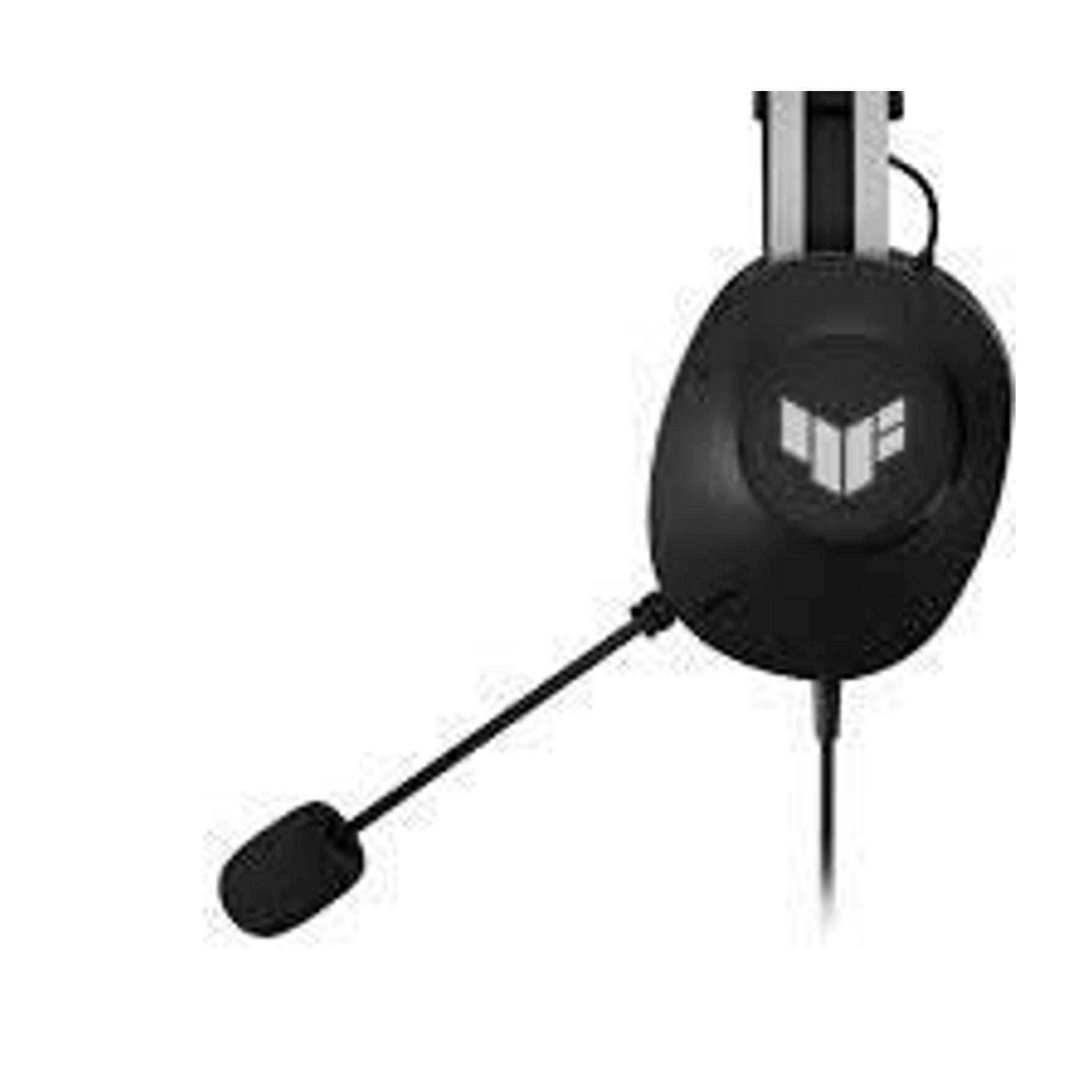 Czarny headset z mikrofonem i białym logo na nauszniku.