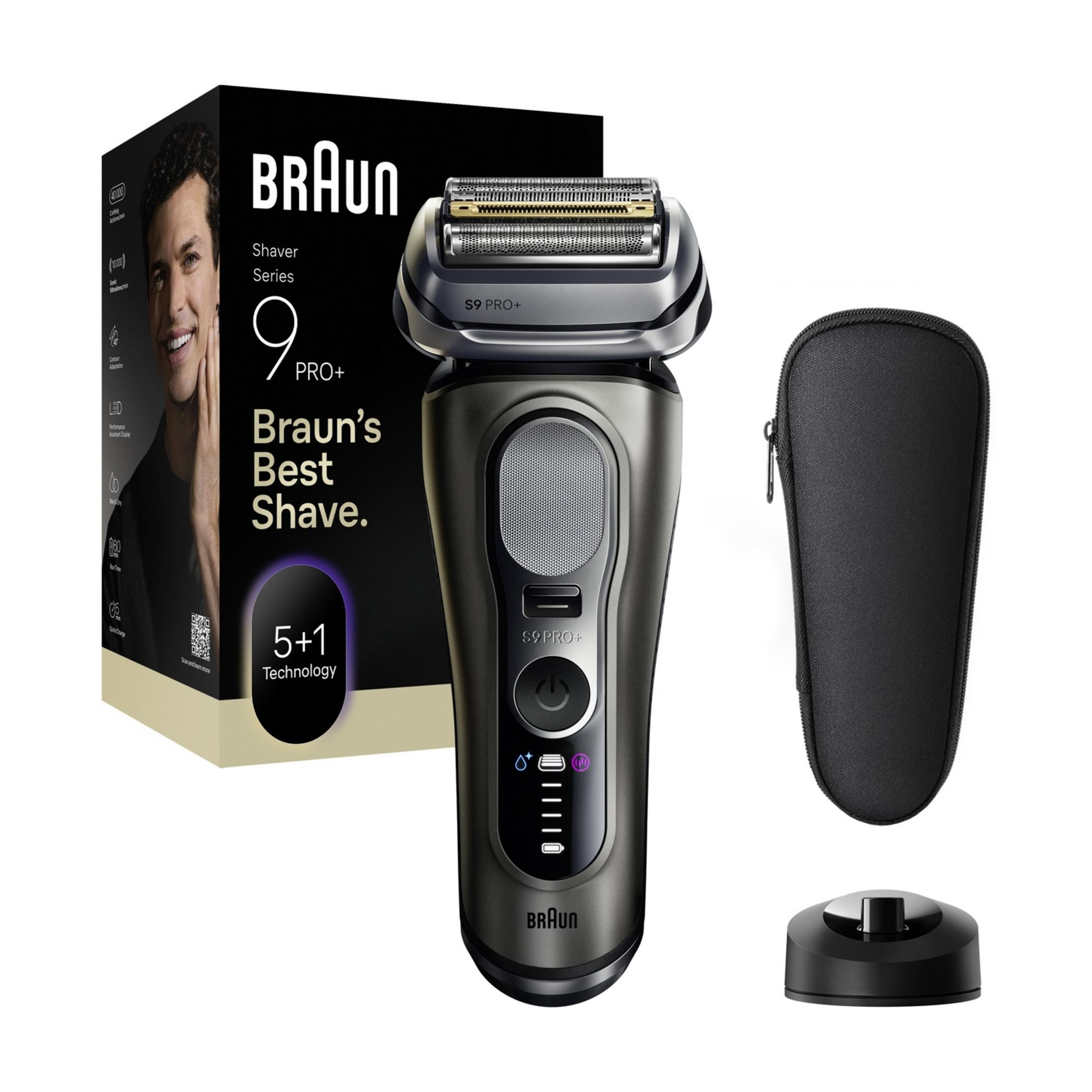 Golarka Braun Series 9 Pro+, stojak ładujący, etui podróżne i pudełko.
