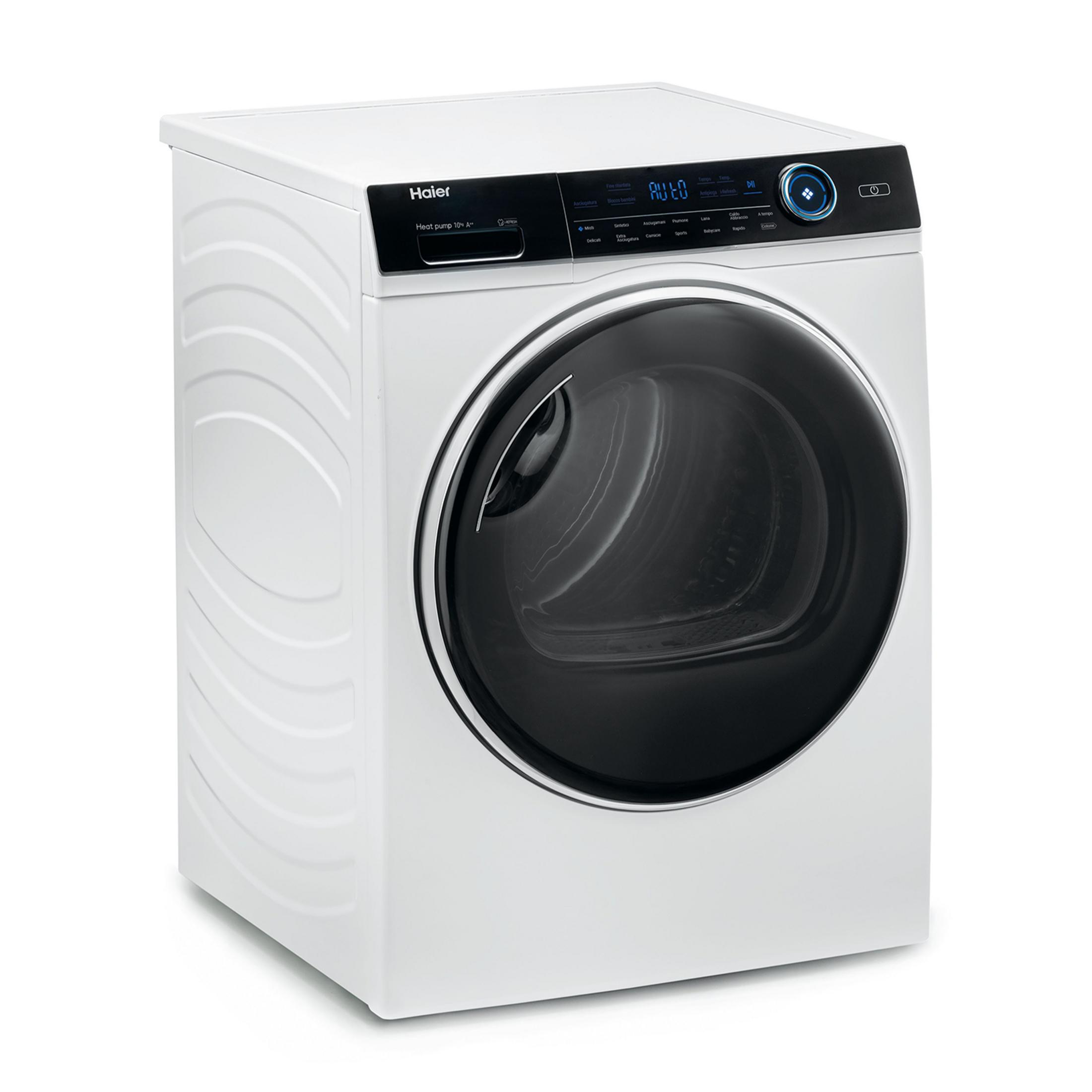 Una lavatrice bianca Haier con display digitale e oblò rotondo.