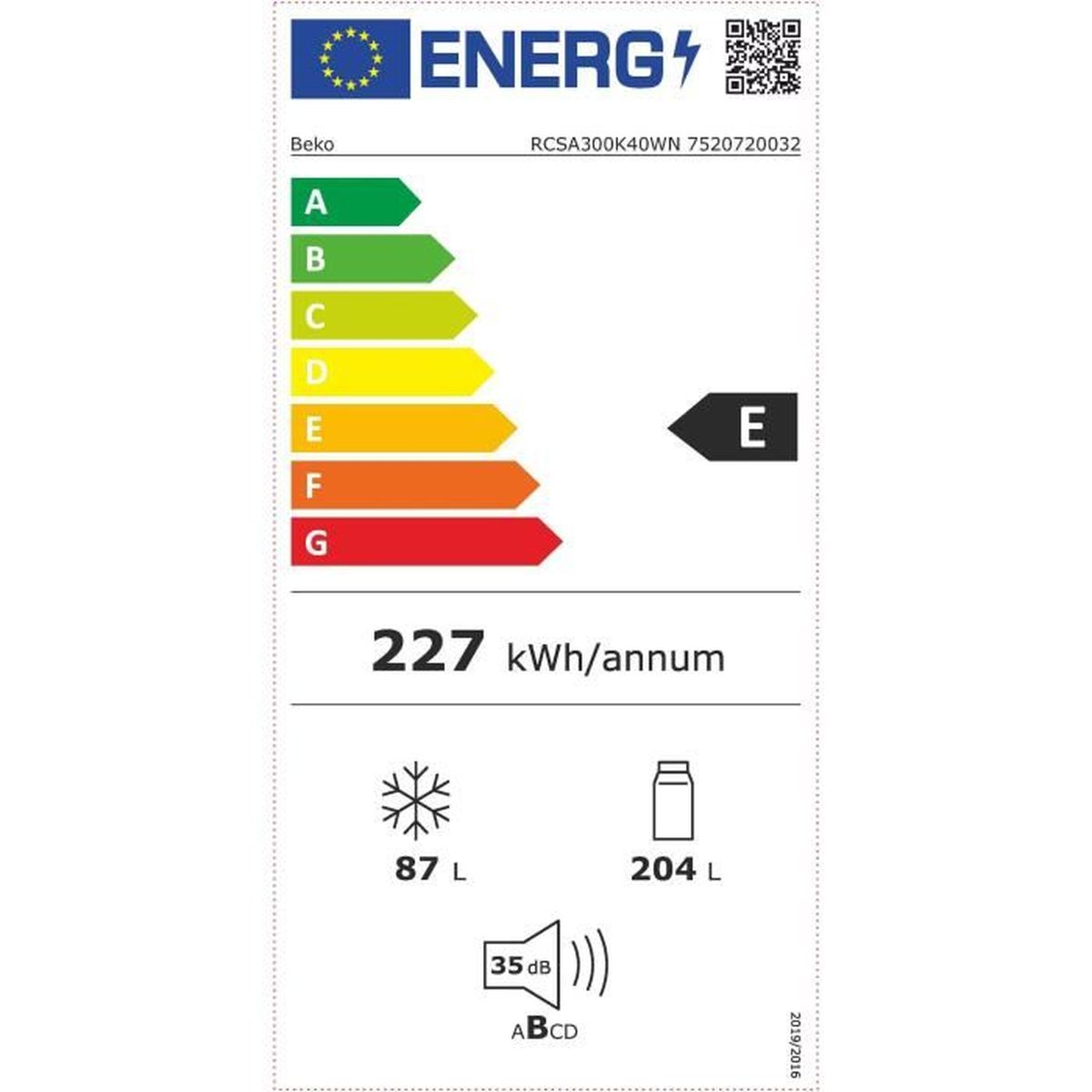 Energielabel für Beko Kühlschrank, Energieeffizienzklasse E, 227 kWh/Jahr.