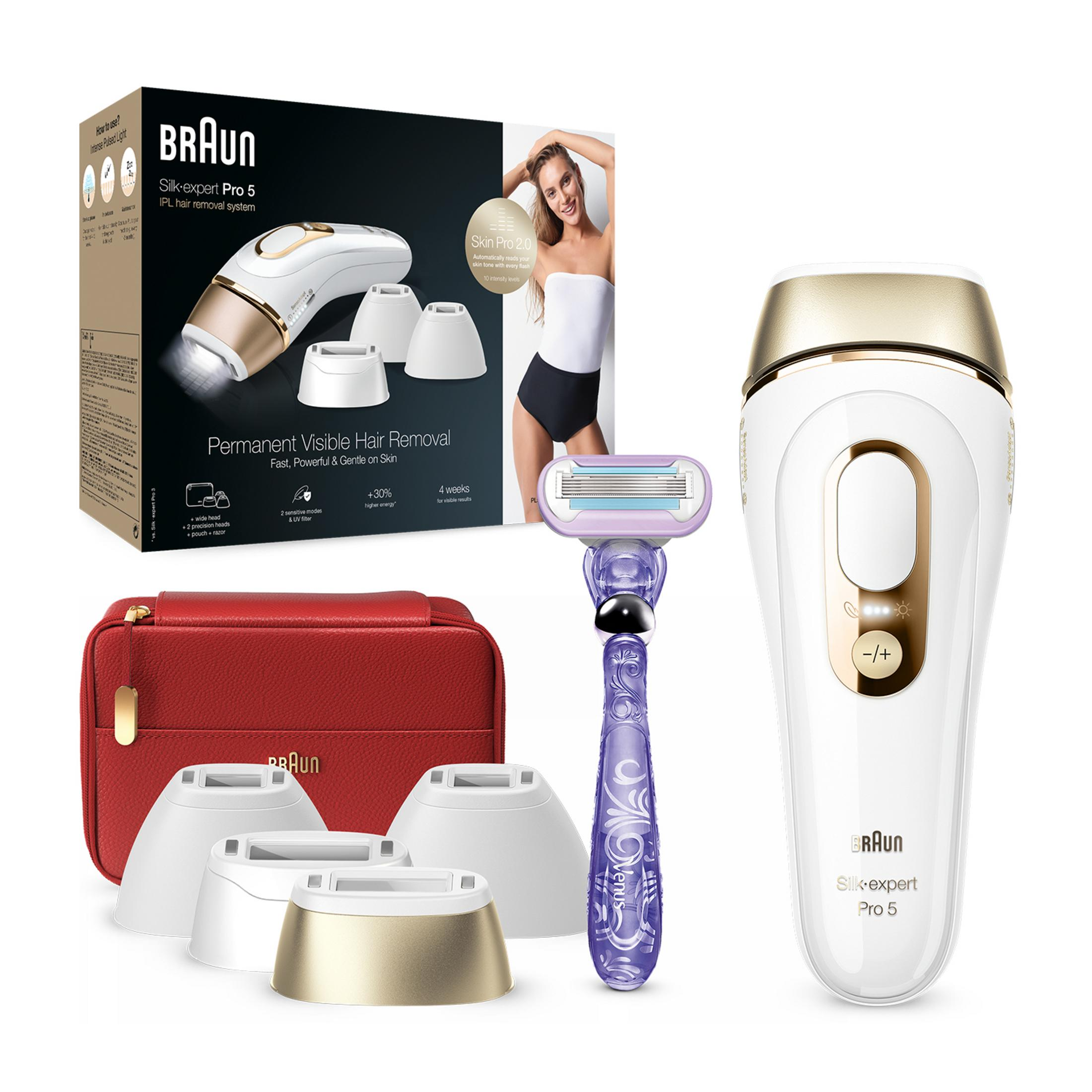 Braun IPL Pro 5 tüy dökücü, tıraş bıçağı, başlıklar ve çanta.