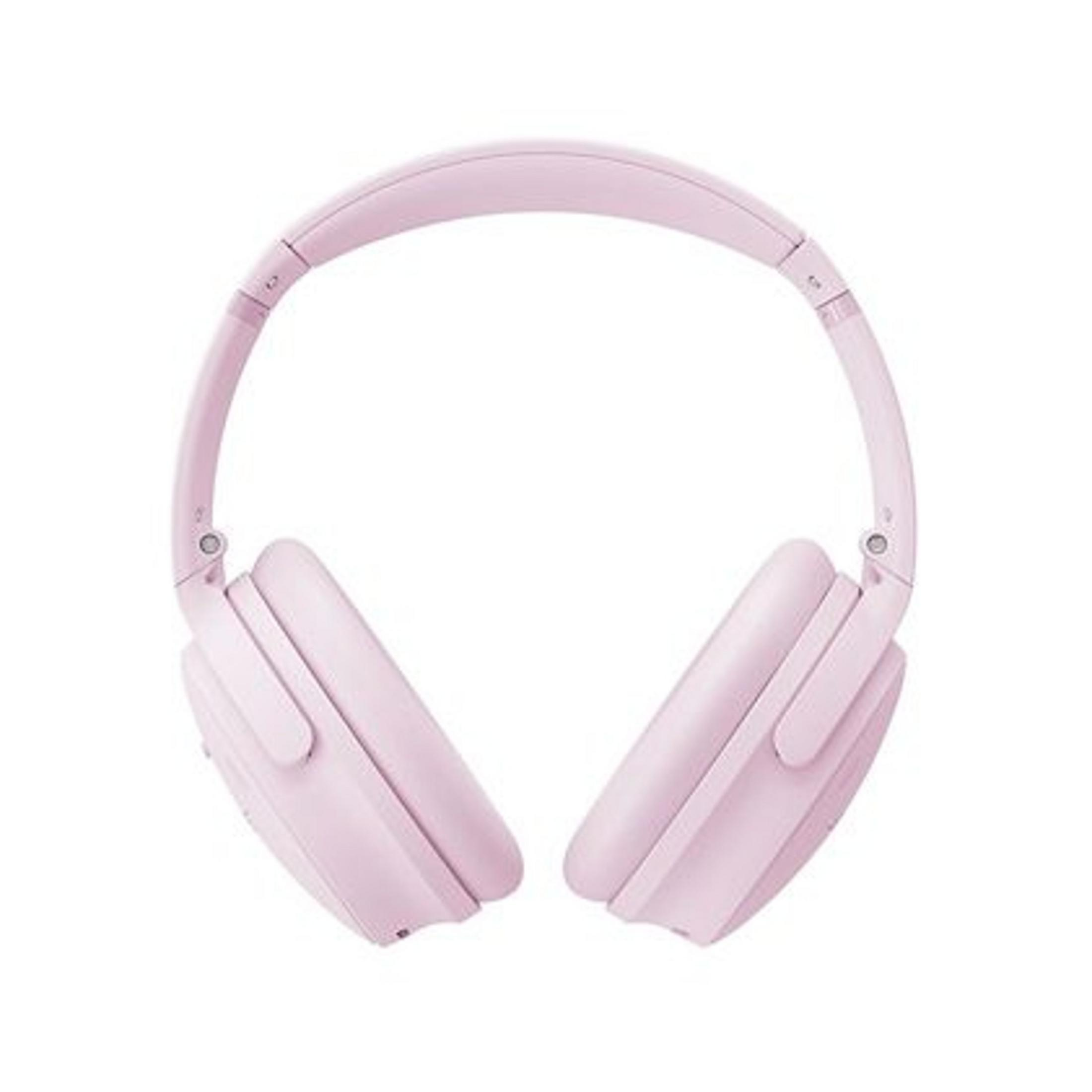 Un paio di cuffie rosa con archetto, su sfondo bianco.