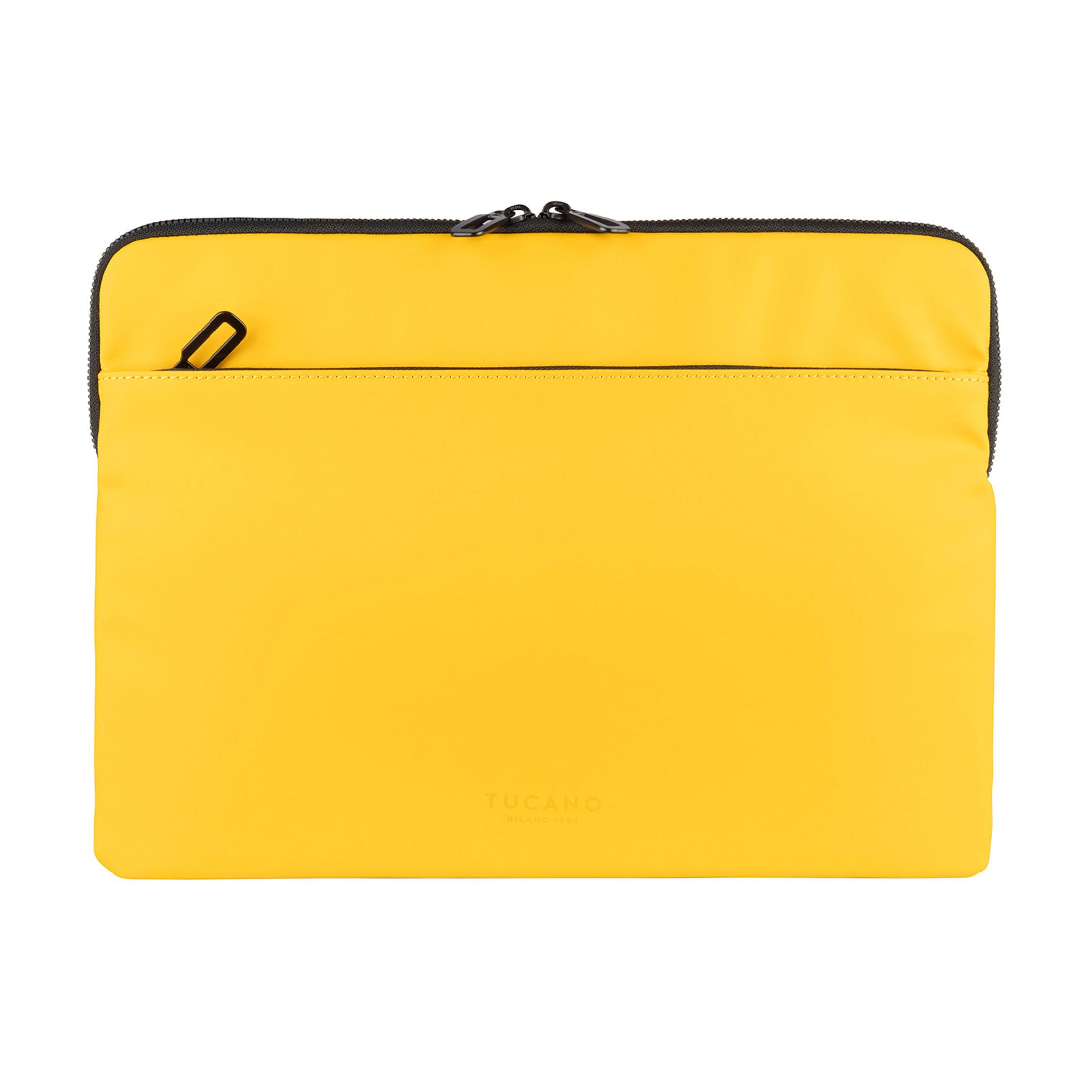 Eine gelbe Laptoptasche mit schwarzem Reißverschluss.